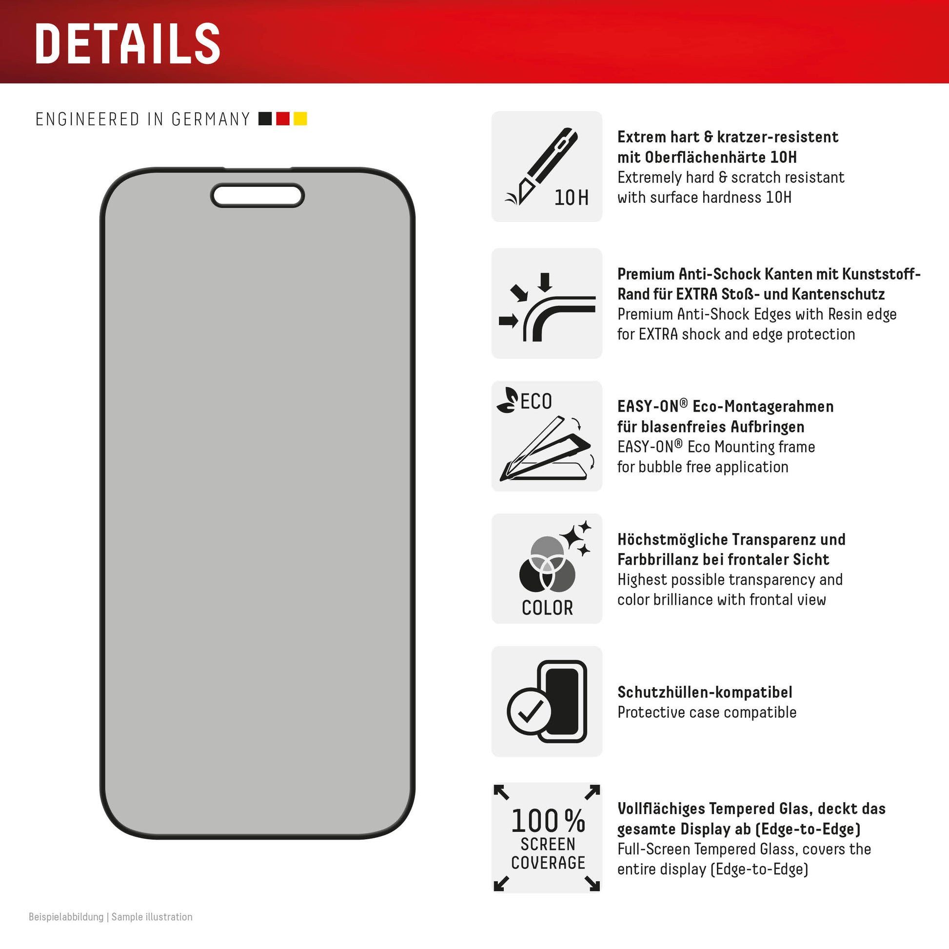 Displex Privacy-Filter (Panzerglas), 10H – für iPhone 16 – mit Applikator