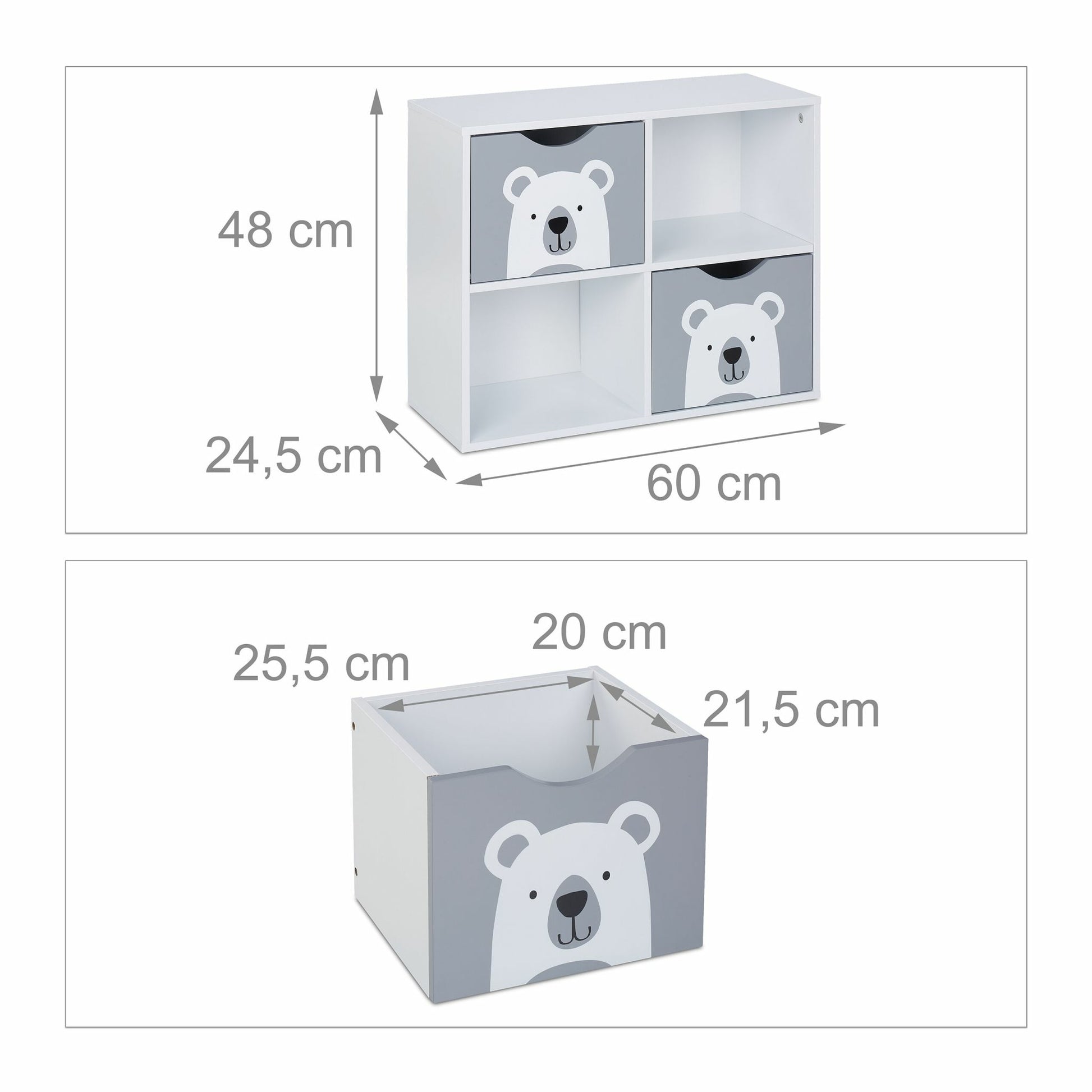 Relaxdays Freistehendes Büro-/Lagerregal, Kinderregal Bär – 4 Böden – 60 × 24,5 × 48 cm – Grau/Weiss – MDF
