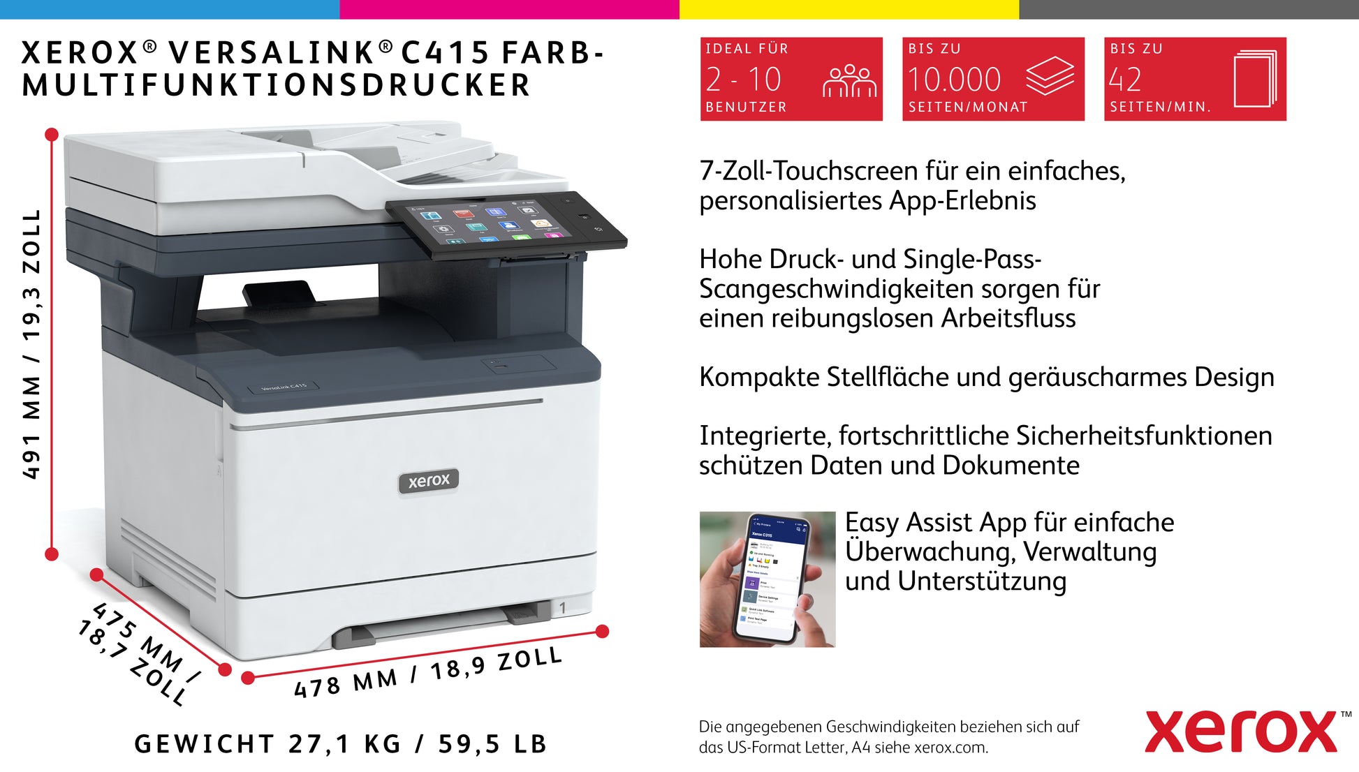 Xerox Versalink C415 – Farblaser-Multifunktionsdrucker, A4, 4-in-1, Duplex, ADF, LAN, AirPrint