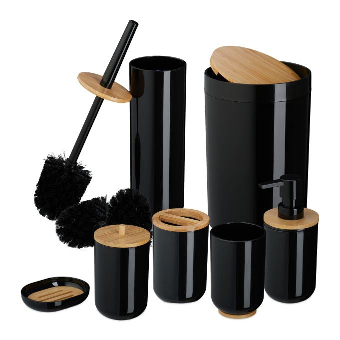 Relaxdays Badezimmer-Set – Kunststoff (65%)/Kunststoff (20%)/Bambus (15%), freistehend, Schwarz/Holz, 7-teilig