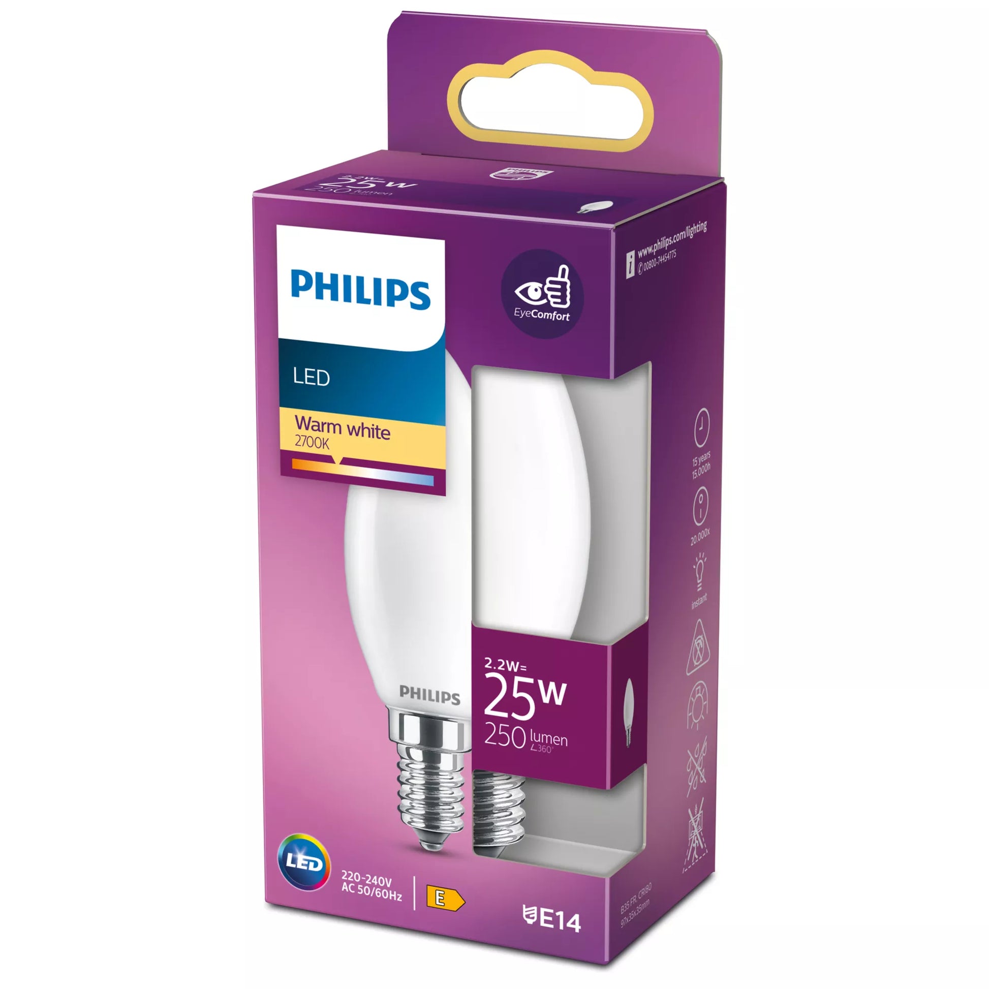 Philips by Signify Philips LED-Leuchtmittel E14 B35 – 250 lm, 2,2 W, Warmweiss 2700 K – Matt, 1 Stk.