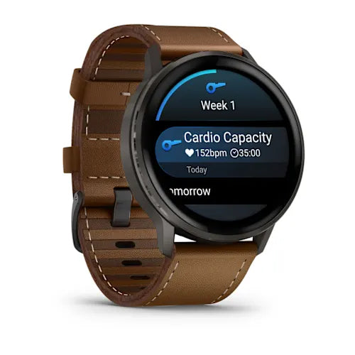 Garmin Venu 4 45 mm GPS – Edelstahl Schwarz, Braunes Lederarmband, 50 m, für iPhone