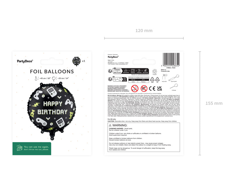 PartyDeco Folienballon Kinderparty – Schwarz – 35 × 35 cm – 1 Stk