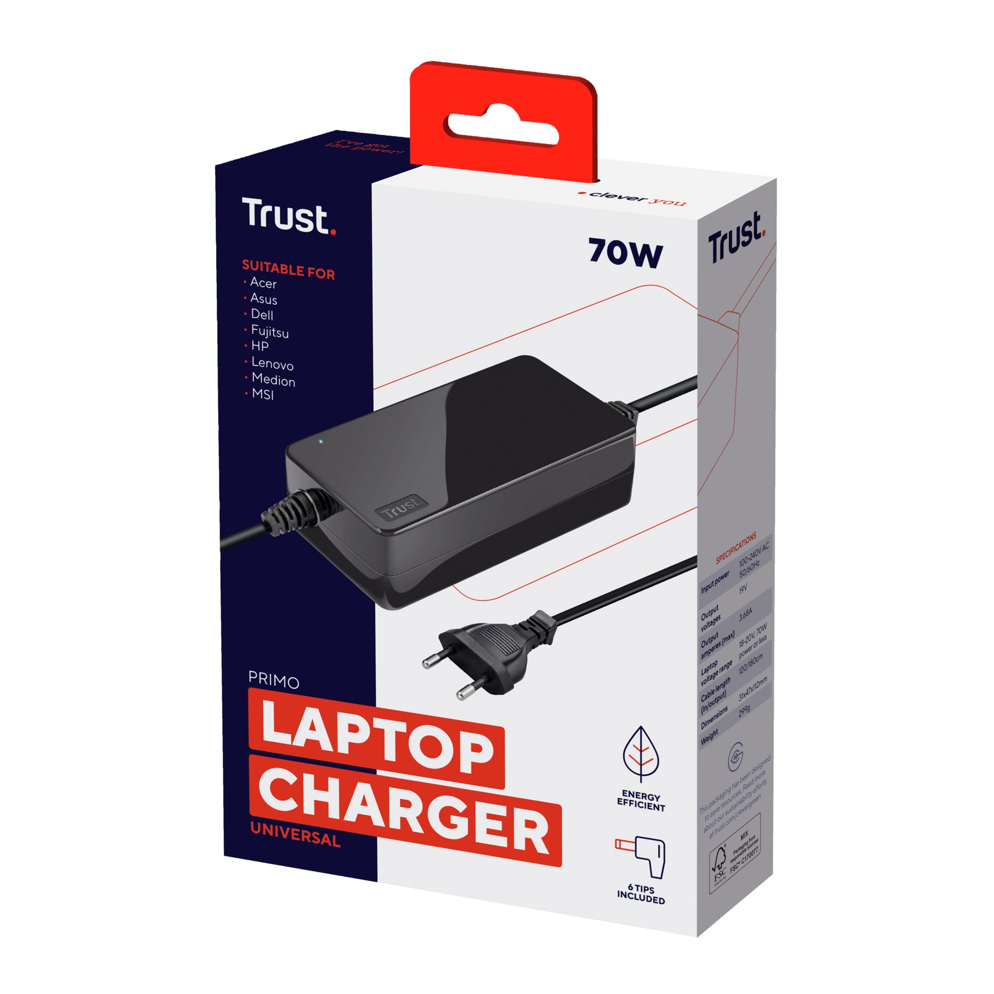 Trust Netzteil – 70 W, 19 V – für Acer, Asus, Compaq und andere – Schwarz