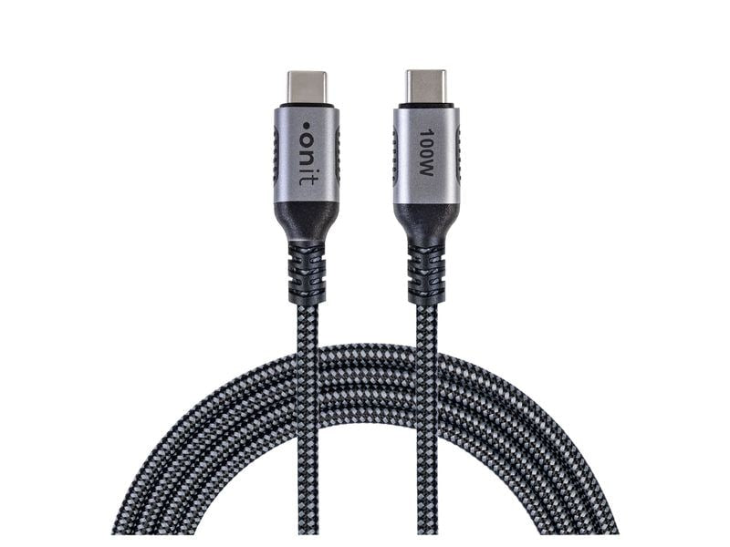 ONIT USB-C auf USB-C Kabel – USB 3.2 Gen 2 (10 Gbit/s) – 2 m – PD 100 W – Textilmantel – Schwarz/Grau