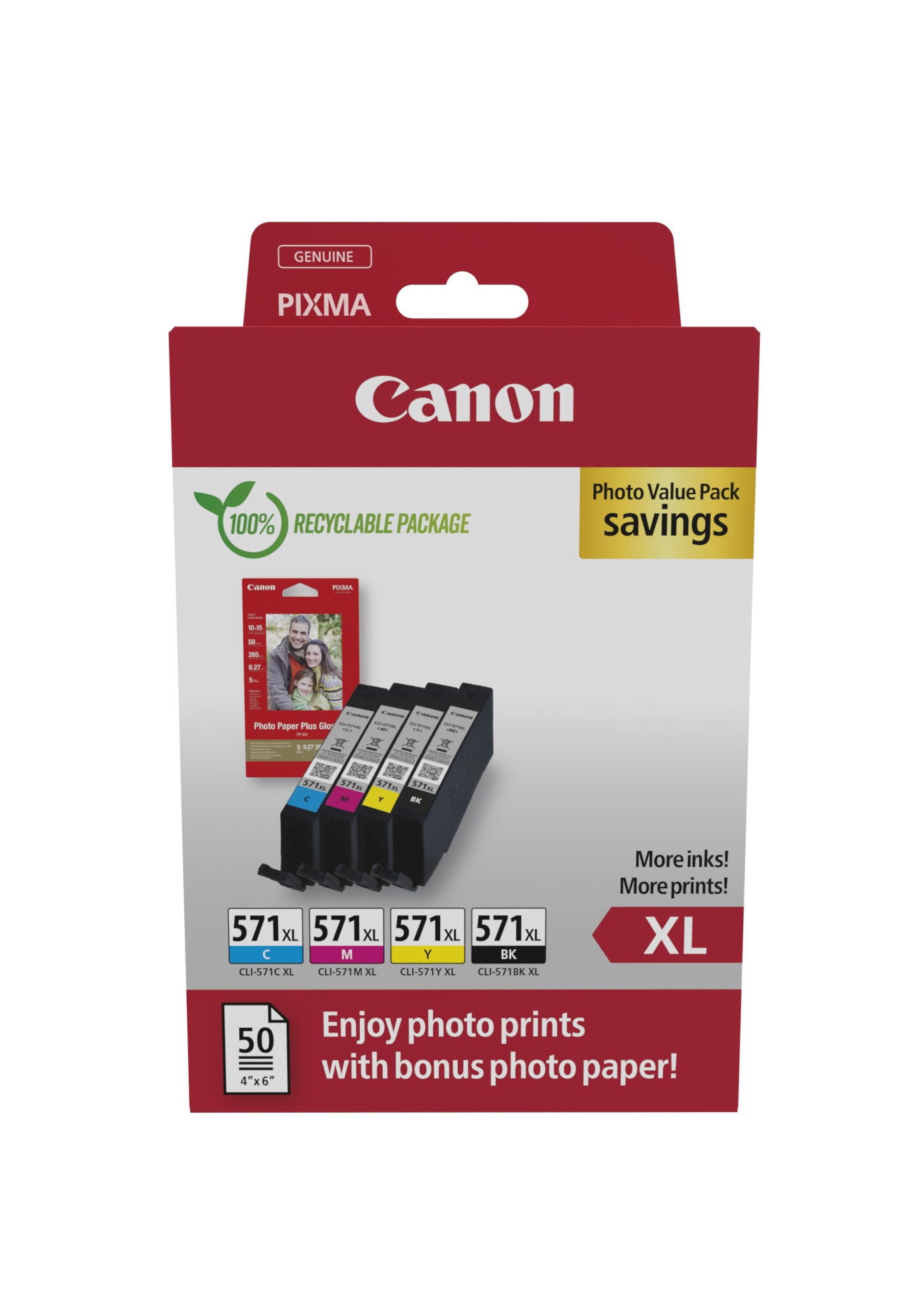 Canon Tintenpatronen-Multipack CLI-571XL, CMYK, 4er-Pack, mit Fotopapier (50 Blatt) – für Inkjetdrucker
