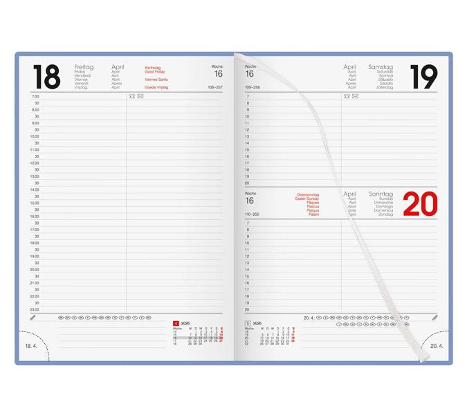 Biella Agenda – 1 Tag pro Seite, gebunden, 14,5 × 20,5 cm, 2026, 1/2-Stunden-Takt, blau, FSC