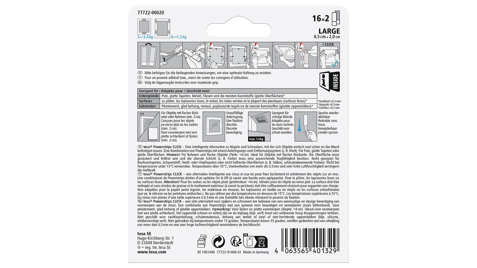 TESA Powerstrips Click Klettband – 20 mm × 0,085 m, weiss, wiederverwendbar, für den Innenbereich, 32 Stück
