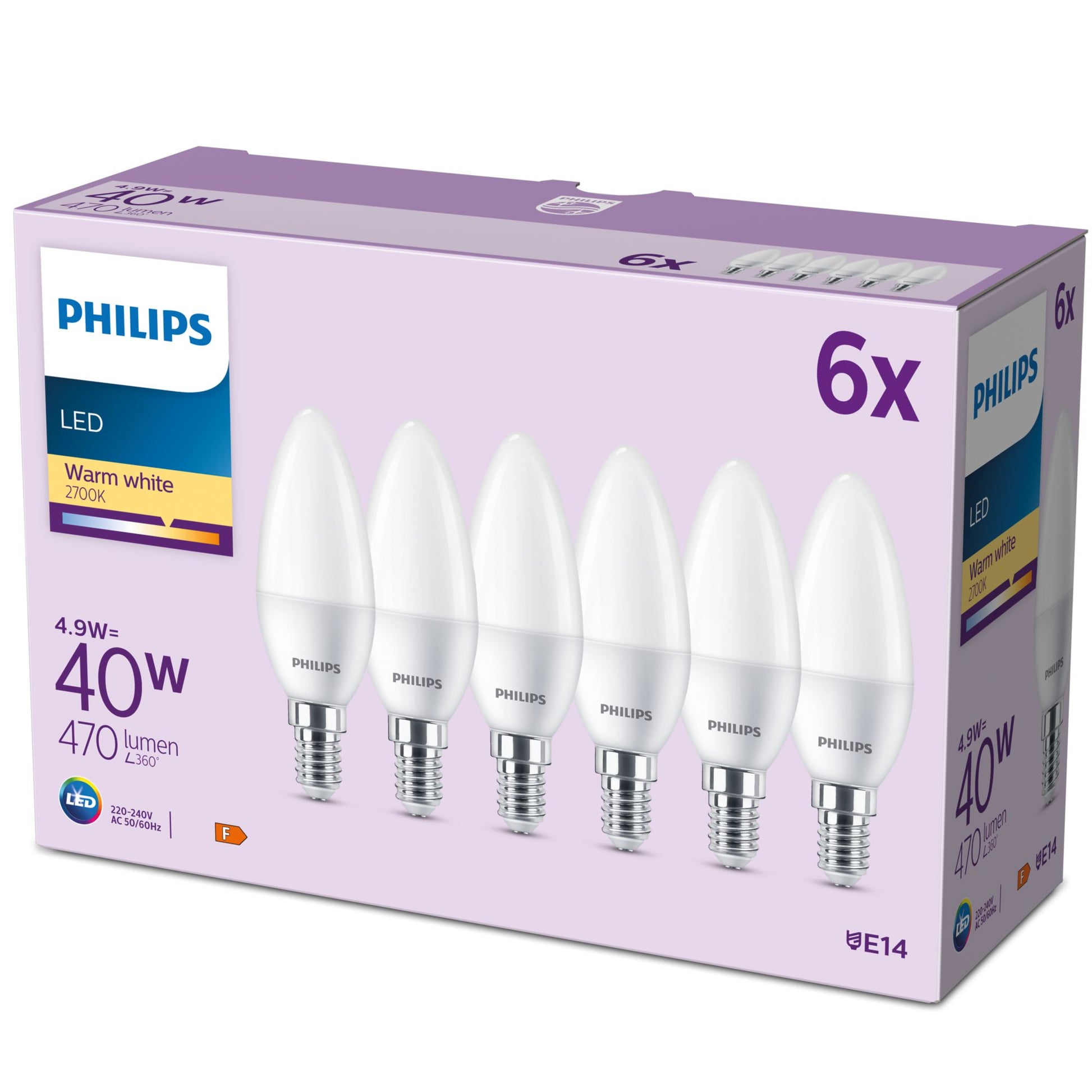 Philips by Signify Philips LED-Leuchtmittel E14 B35 Kerze – 470 lm, 4,9 W, Warmweiss 2700 K – 6 Stk.