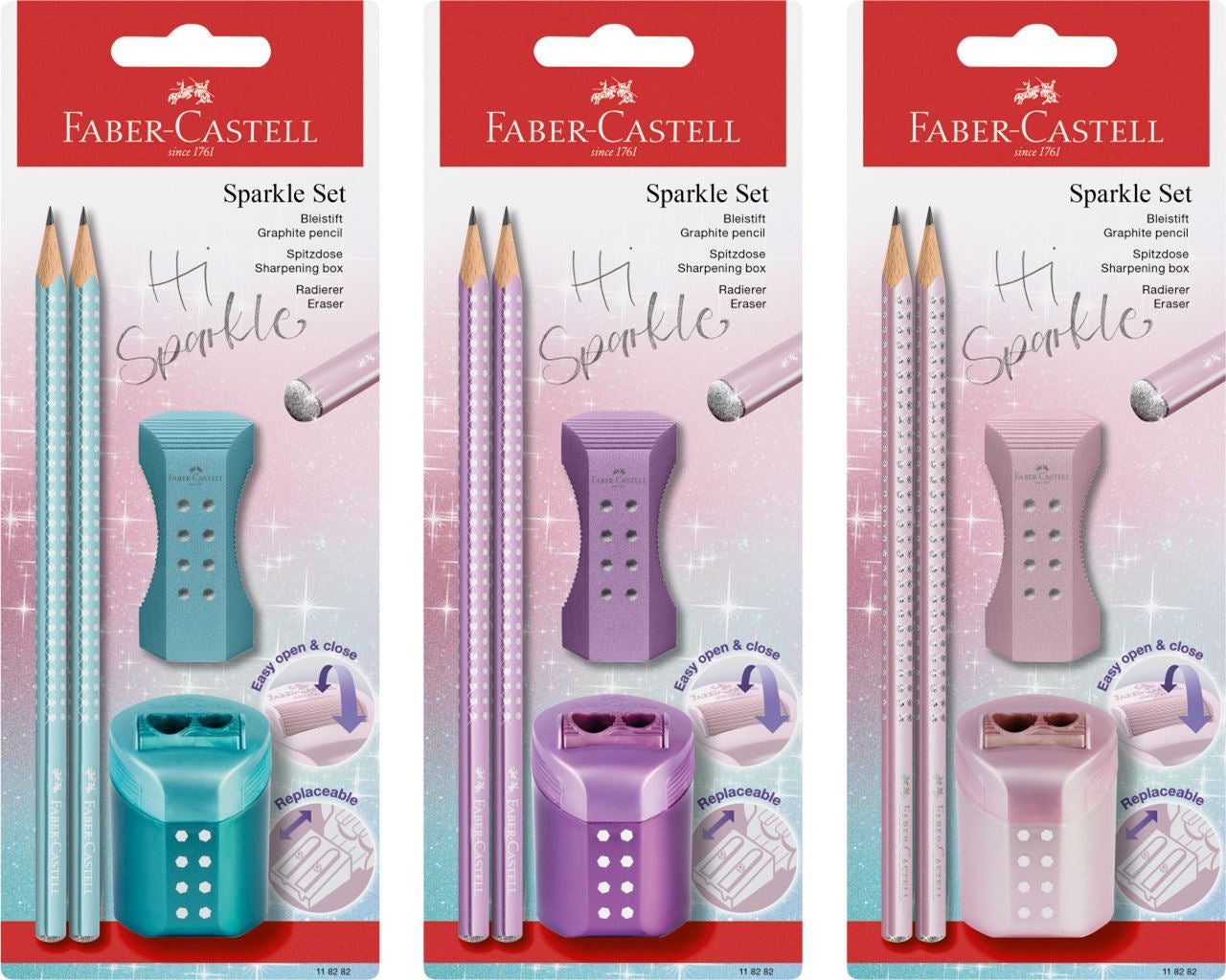 Faber-Castell Sparkle Schreibset B, dreikantig – mit Spitzer & Radierer