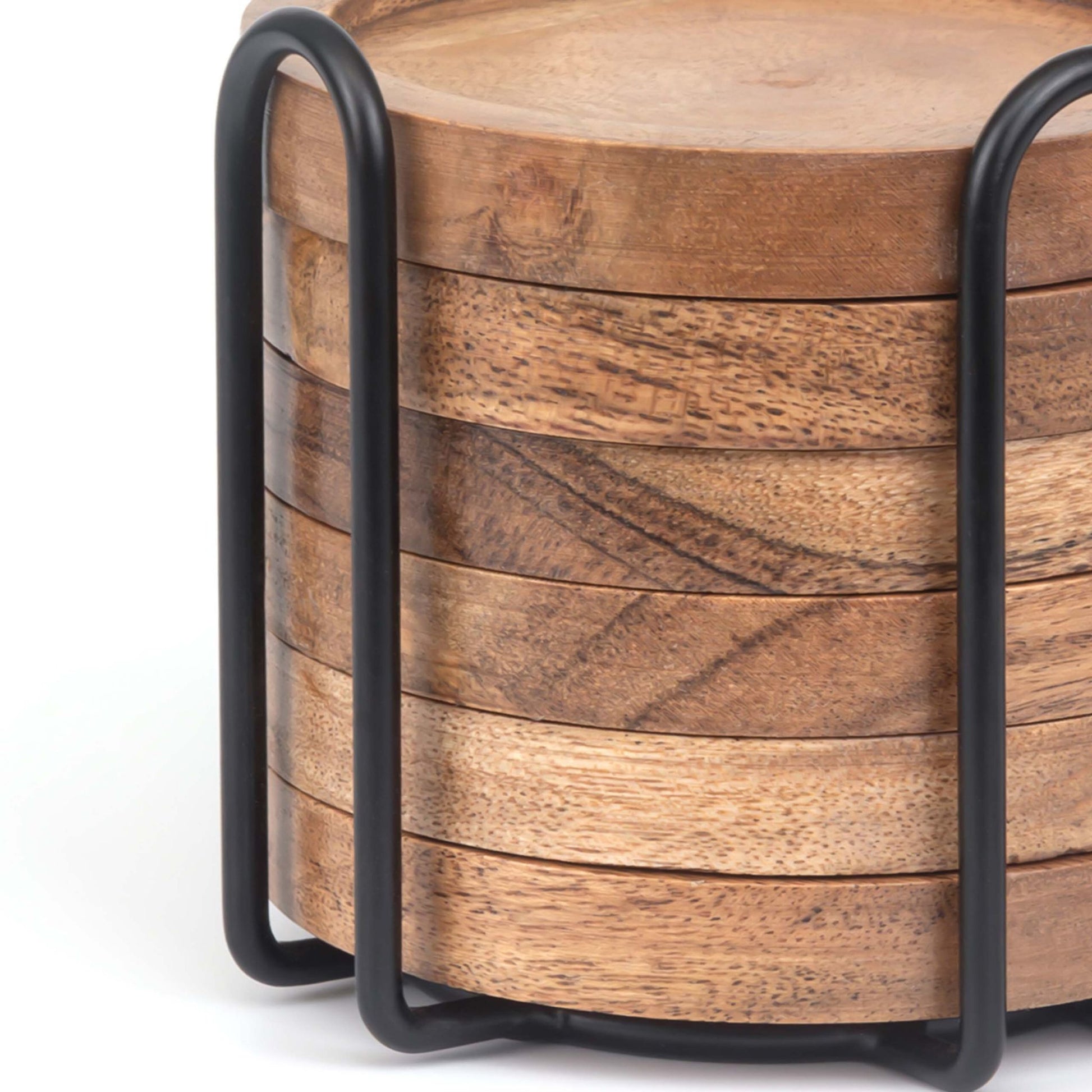 Relaxdays Glasuntersetzer – 7er Set, Ø 10 cm, Holz (Akazie)/Eisen, Braun, inkl. Ständer, rutschfest