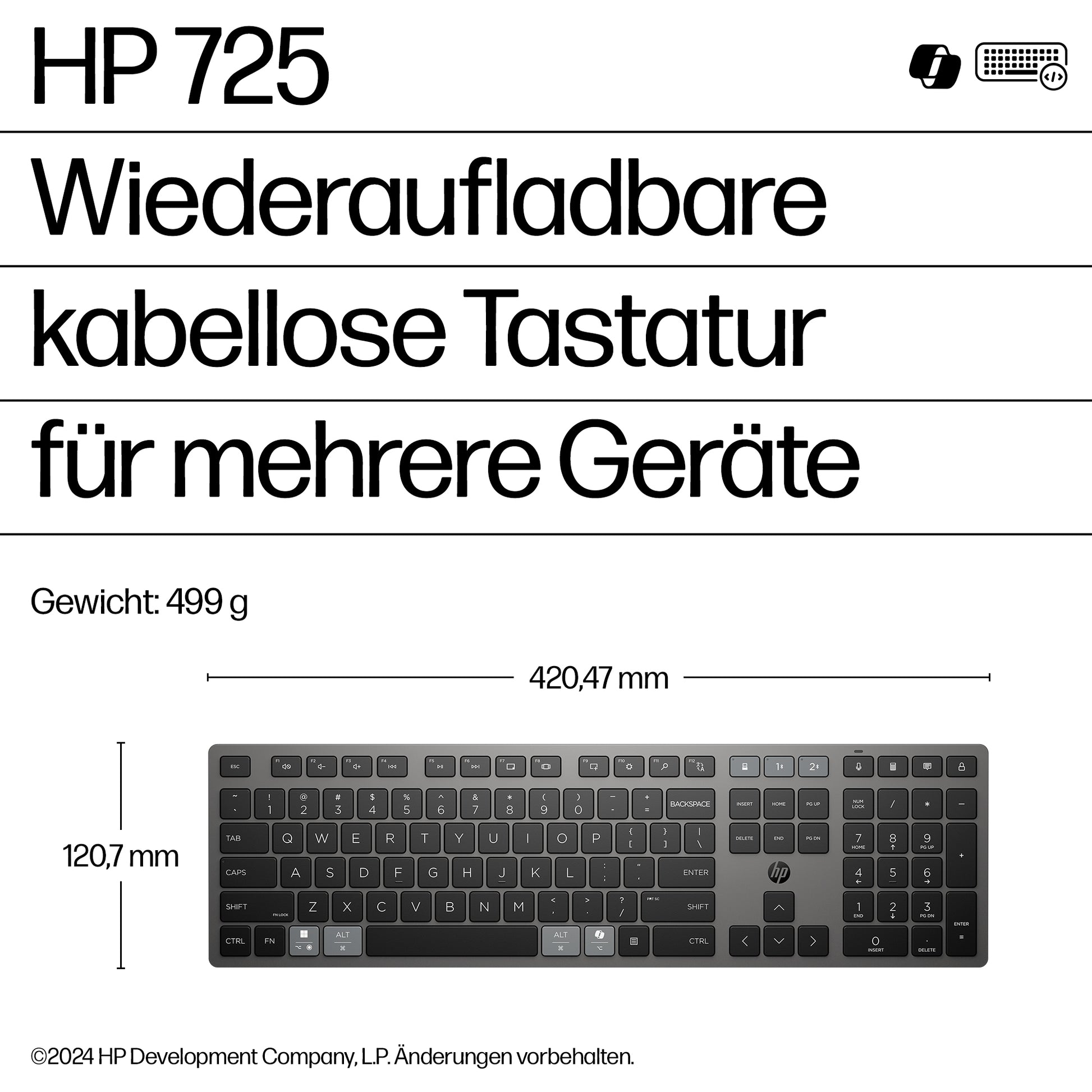 HP 725 Multi-Device Rechargeable – Tastatur – Bluetooth & 2,4 GHz (USB-A Empfänger) – Grau