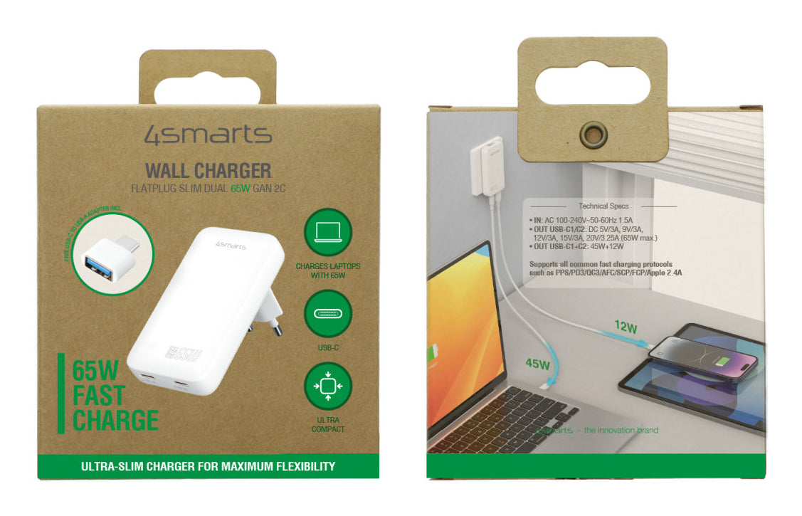 4smarts FlatPlug Slim Dual Ladegerät – 65 W, 2× USB-C, GaN – für Nintendo Switch, Laptop, Smartphone