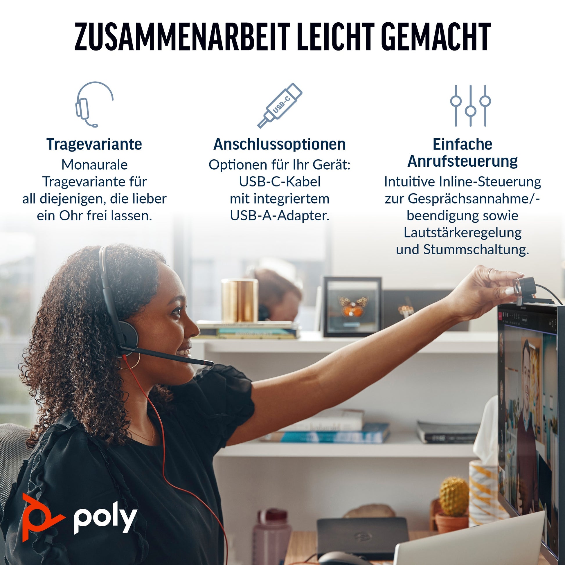 Poly Blackwire 3210 Office-Headset – On-Ear, Mono, Kabel, USB-C, 3,5 mm Klinke, UC-optimiert, Schwarz