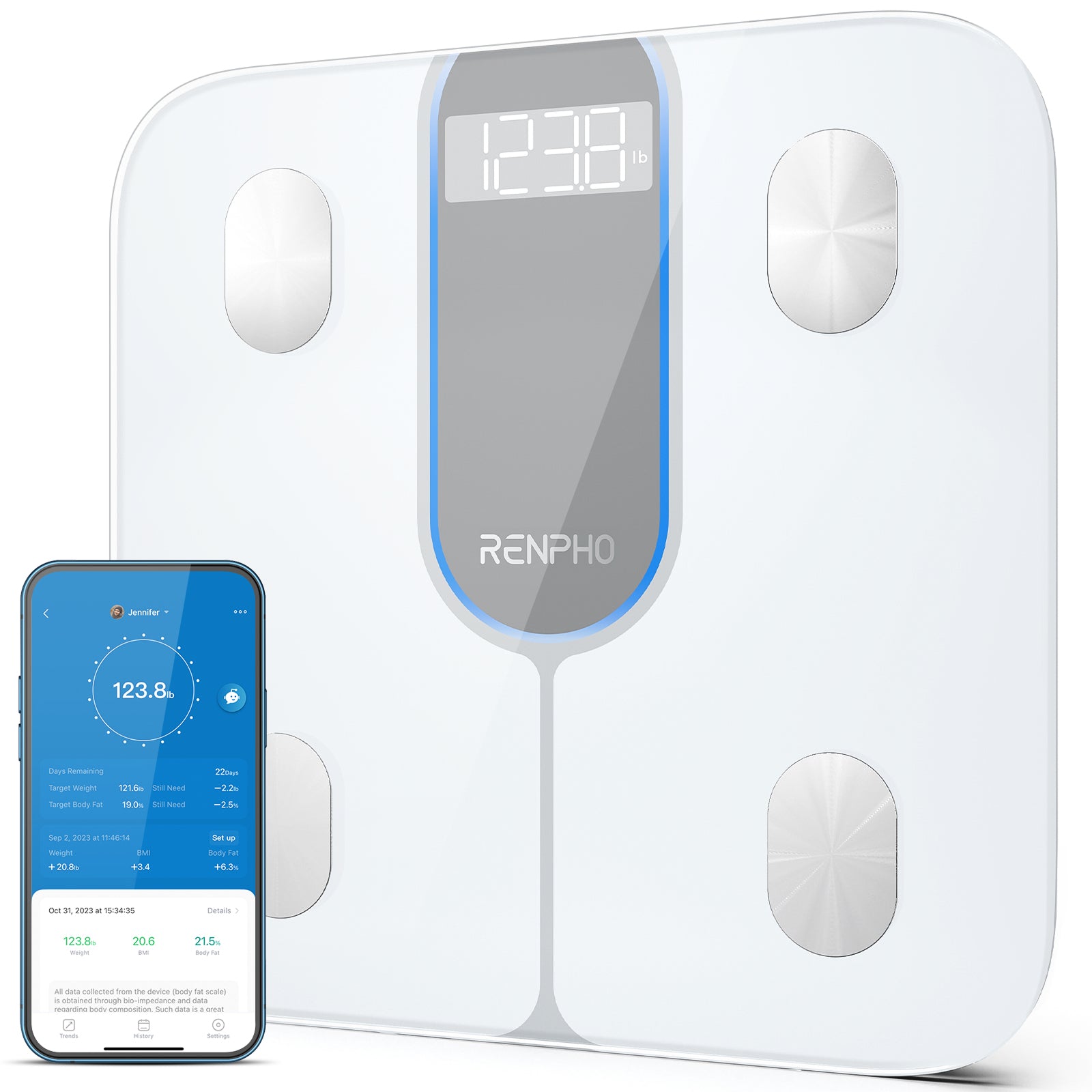 Renpho Universalwaage ELIS 1C – Tragkraft 180 kg, Wiegefläche 28 × 28 cm, Batterie, Weiss