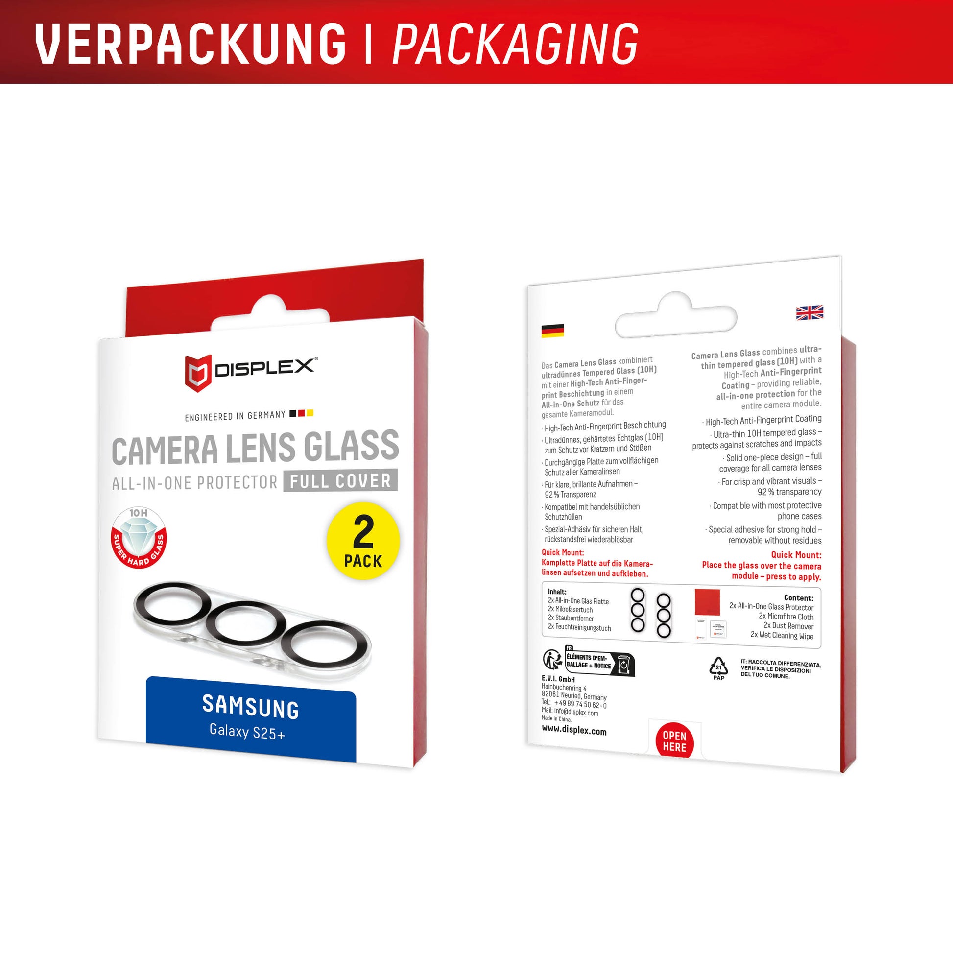 E.V.I. DISPLEX CamGlass – Kameraobjektivschutz – für Samsung Galaxy S25+ –  – Schwarz/Transparent