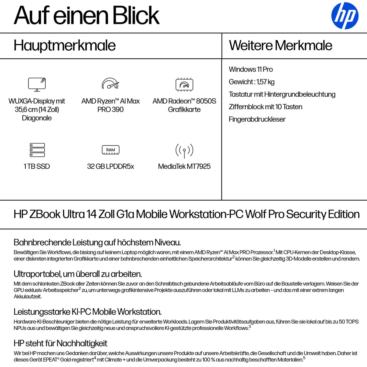 HP ZBook Ultra G1A Copilot+ – 14" WUXGA, Ryzen AI Max Pro 390, 32 GB, 1 TB SSD, Win 11 Pro