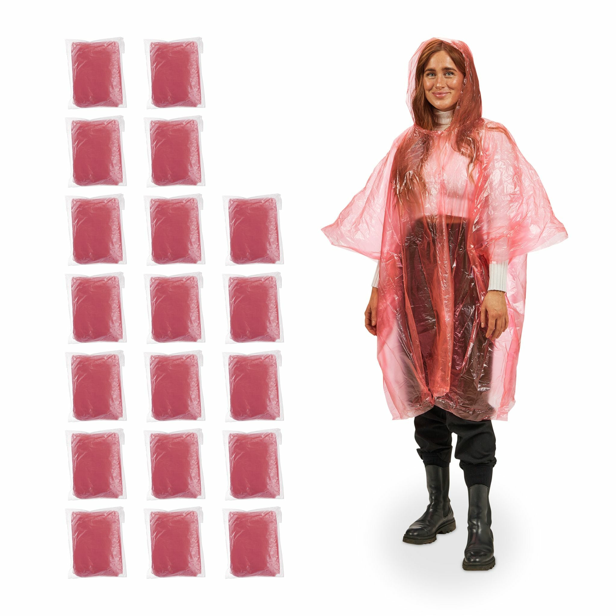 Relaxdays Regenponcho – Einheitsgrösse, 20 Stück – Rot, Polyethylen (PE), mit Kapuze
