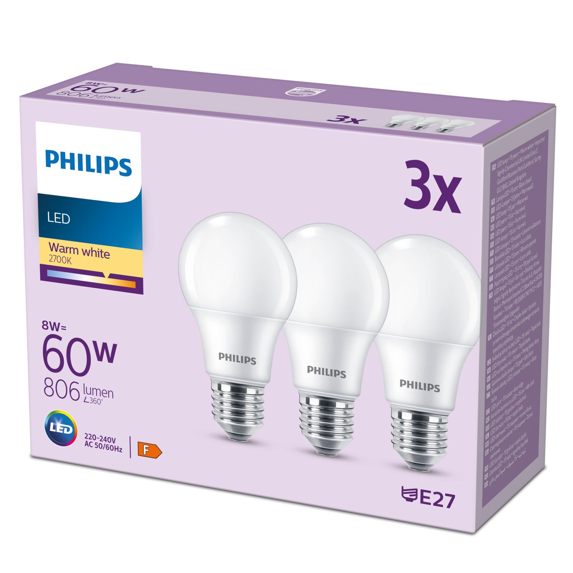 Philips by Signify Philips LED-Leuchtmittel E27 A-Form – 806 lm, 8 W, Warmweiss 2700 K, 150° – 3 Stk.