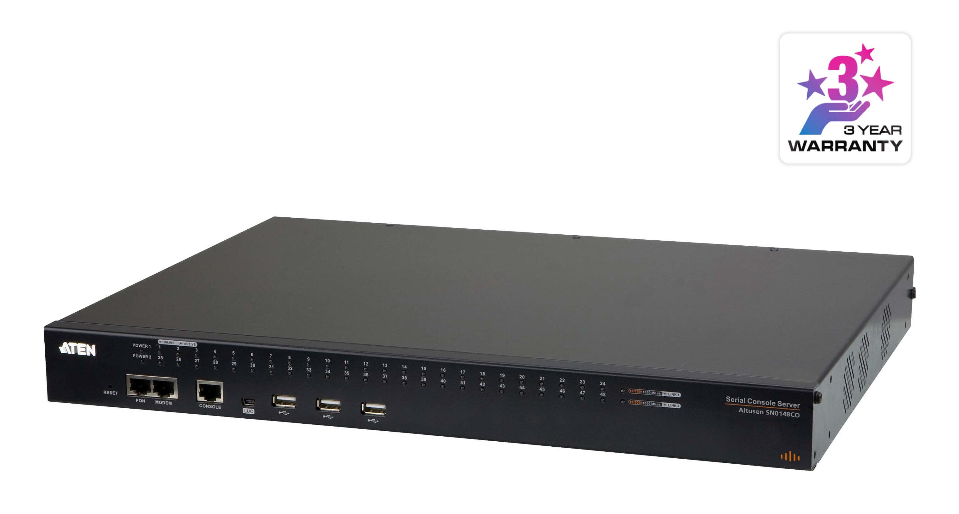 ATEN SN0148CO Serieller Konsolen-Server – 48 serielle Anschlüsse, 2× RJ-45 LAN, Web-Management, Dual-Strom/LAN