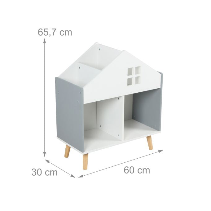 Relaxdays Kinderregal Haus – freistehend – 6 Böden – 60 × 30 × 65,7 cm – MDF – grau/weiss