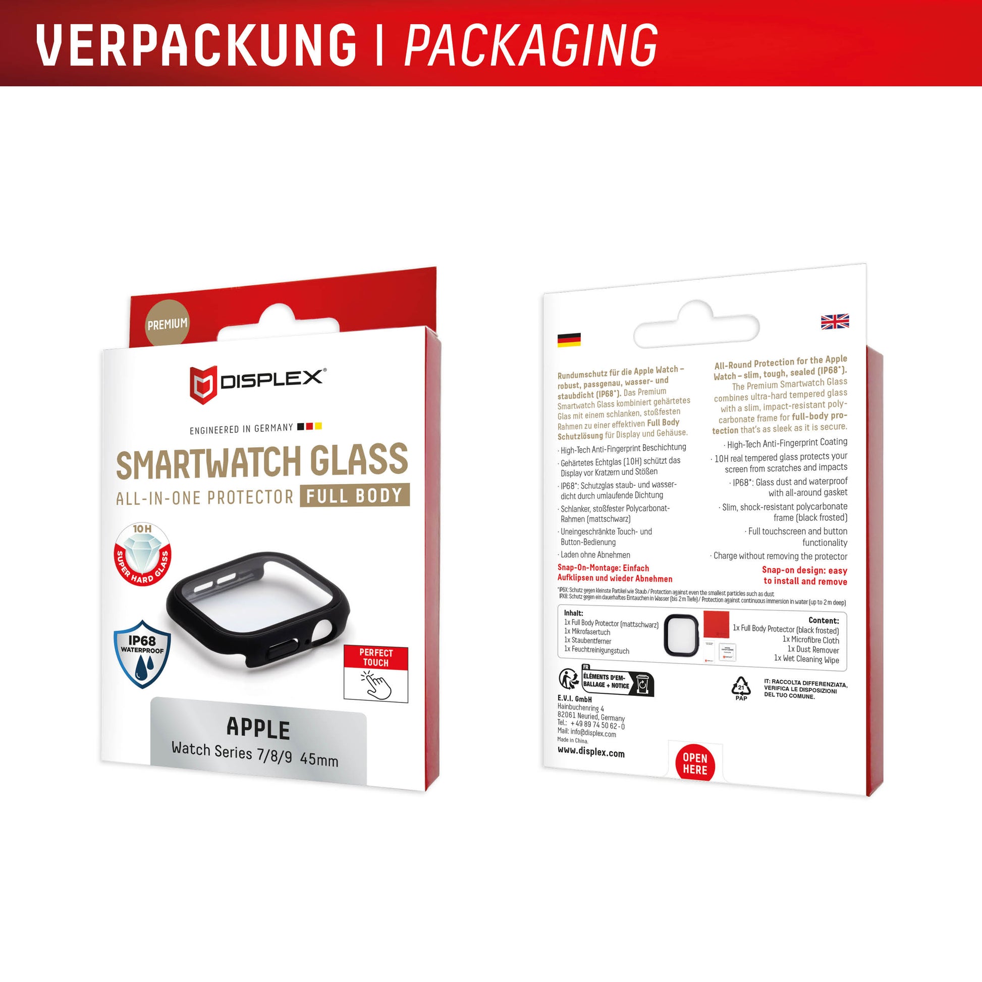 E.V.I. Full-Body Displayschutz für Apple Watch Series 7/8/9 45 mm – Transparent, Polycarbonat/gehärtetes Glas