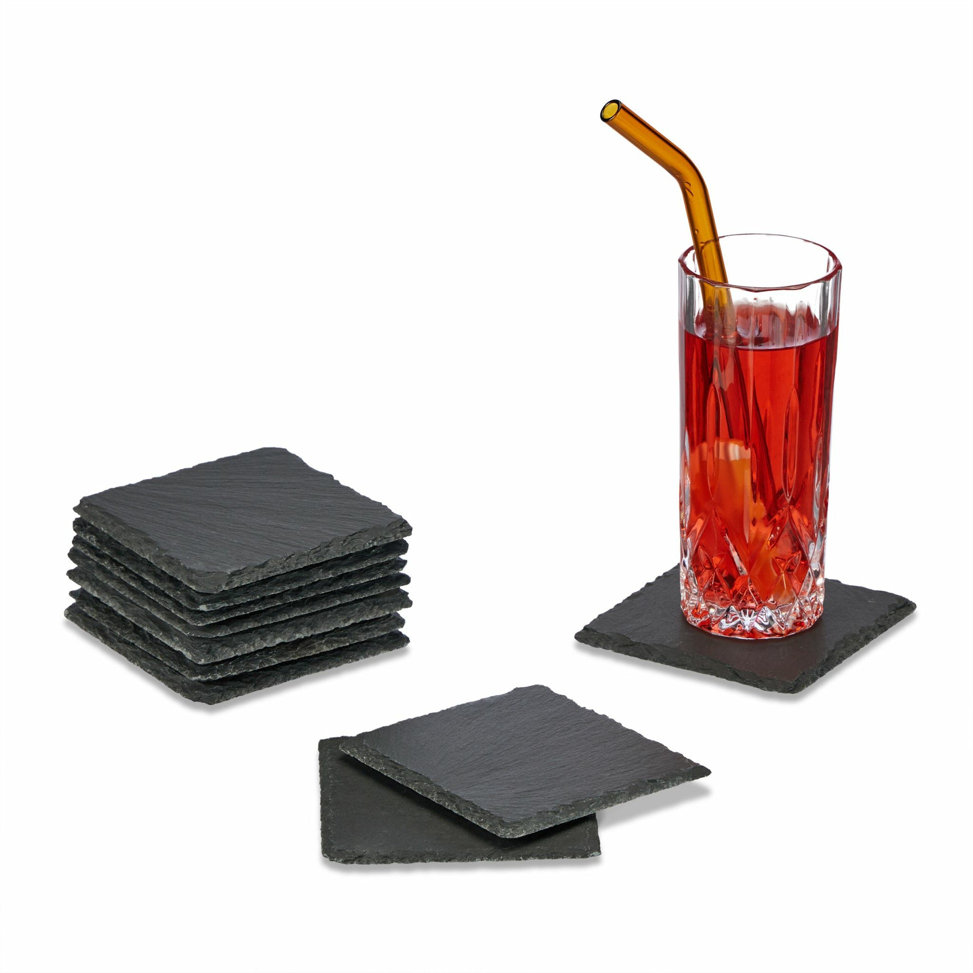 Relaxdays Untersetzer – 10er Set, 10 × 10 × 1 cm, Schiefer/Filz, Anthrazit, für Glas