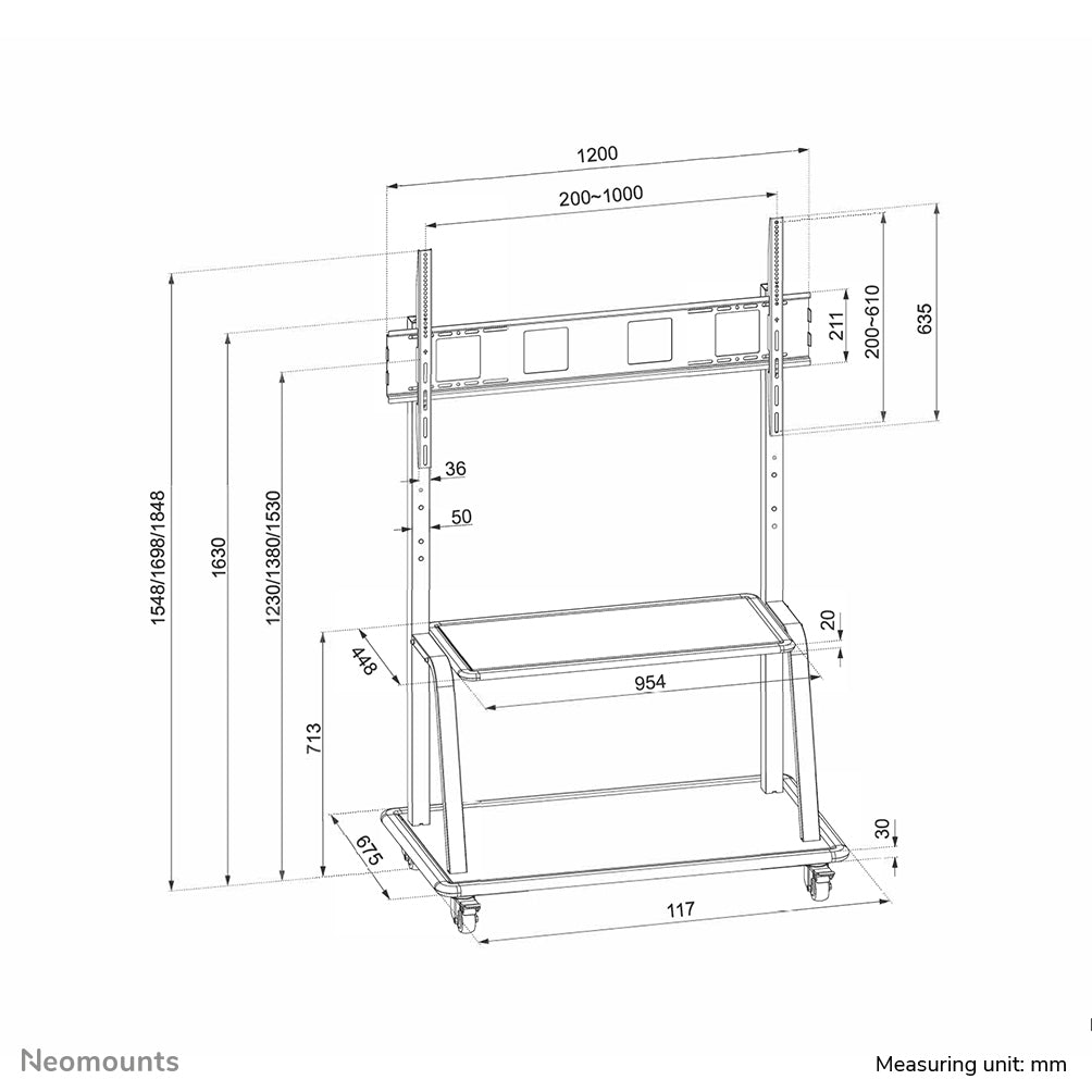Neomounts NS-M4000BLACK – Trolley, höhenverstellbar, für 60–105", VESA 200×200–1000×600, bis 150 kg, schwarz