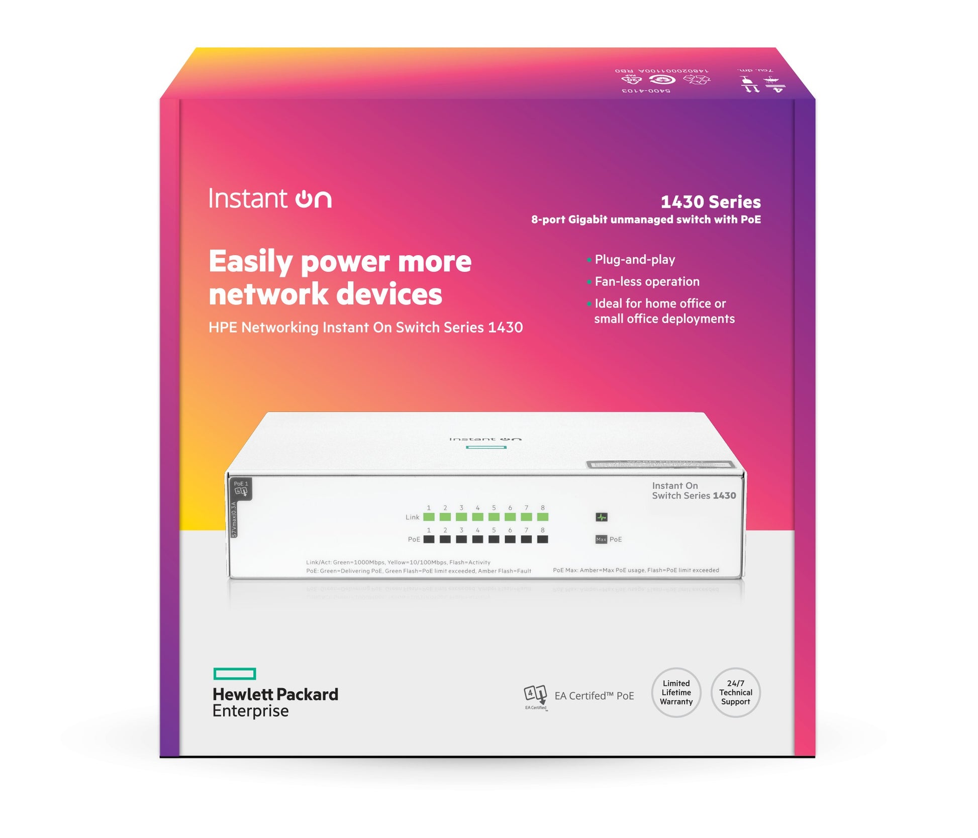 HPE Aruba 1430 8G R8R46A – Unmanaged L2 Switch – 8× 1G, PoE+, PoE-Budget 64 W