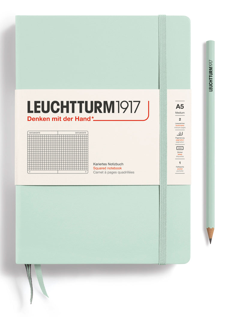 Leuchtturm Notizbuch – A5 – 251 Seiten – 80 g/m² – Hardcover, Gummiband, Einstecktasche – Mint – FSC