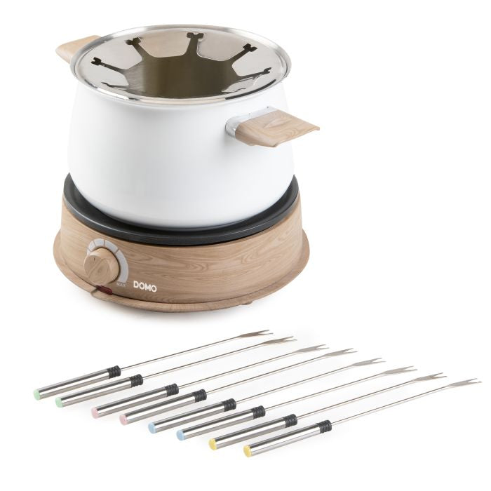 Domo Fondue-Set DO736F – Edelstahl, 2 l, 8 Gabeln, elektrisch – weiss/Holz