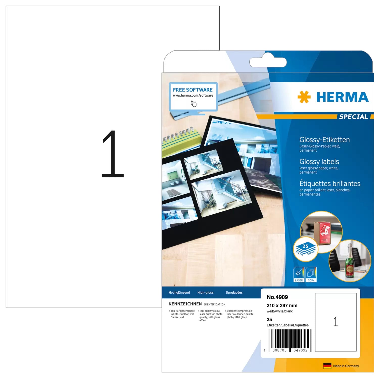 HERMA Druckeretiketten Special Glossy, 210 mm × 297 mm, weiss, Papier, permanent, 25 Blatt