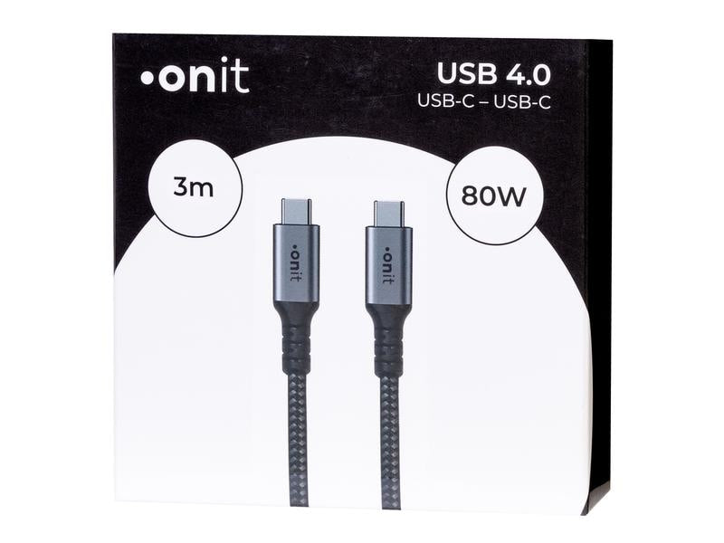 ONIT USB-C auf USB-C Kabel – USB4 20 Gbit/s – 3 m – PD 80 W – Textilmantel – Schwarz/Grau