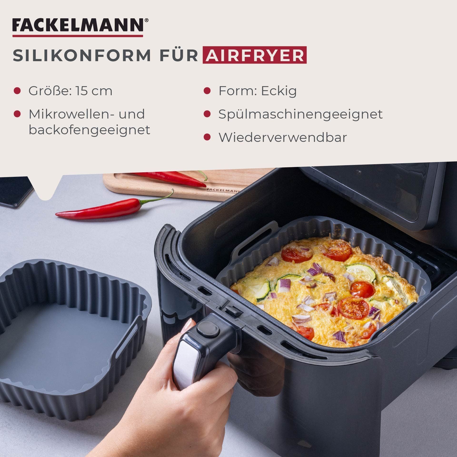 Fackelmann Silikonform für Heissluftfritteusen – 15 × 15 × 5 cm, Silikon, Grau