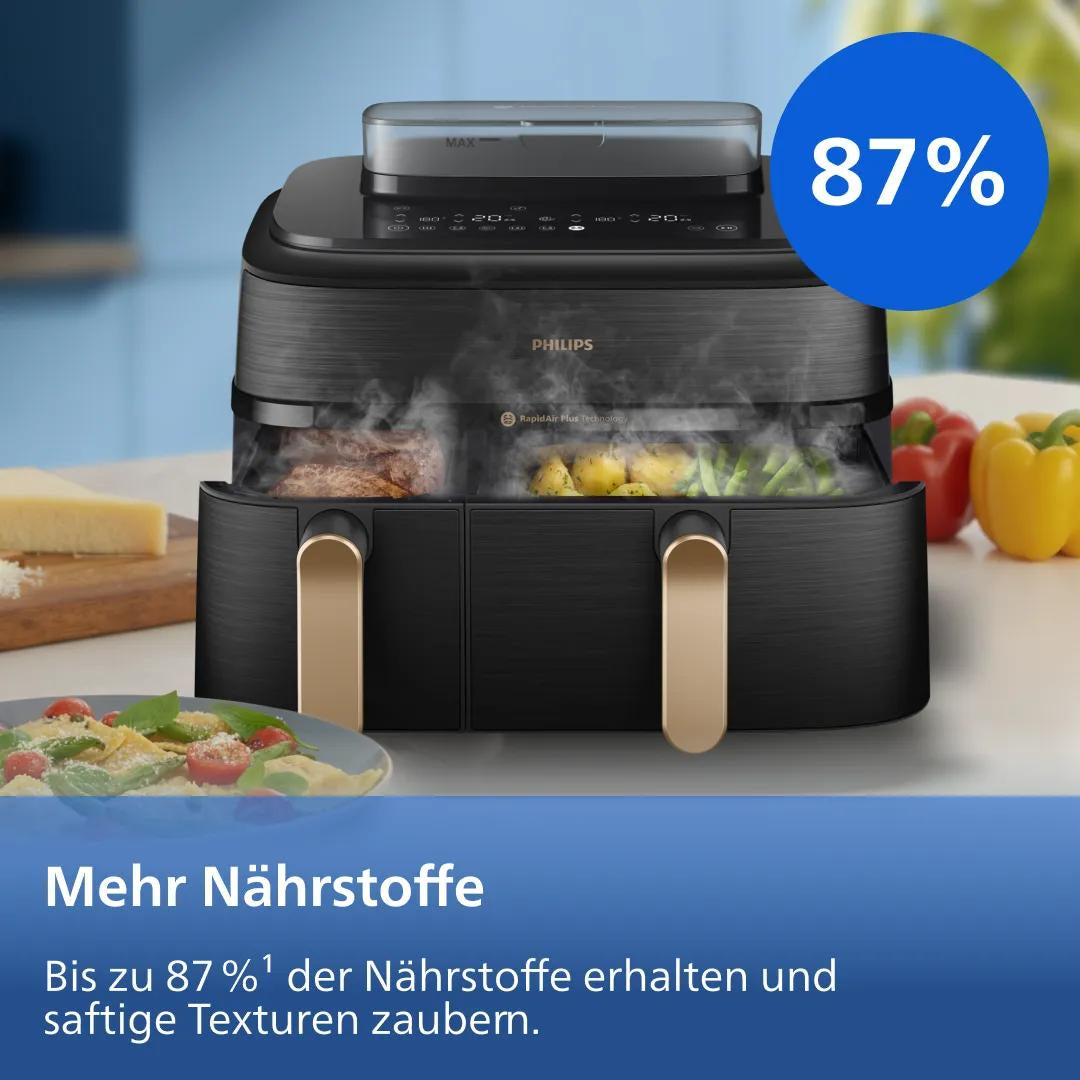Philips Heissluftfritteuse NA552/00 – 9 l, Rapid Air & Braten, 2750 W – Schwarz/Gold