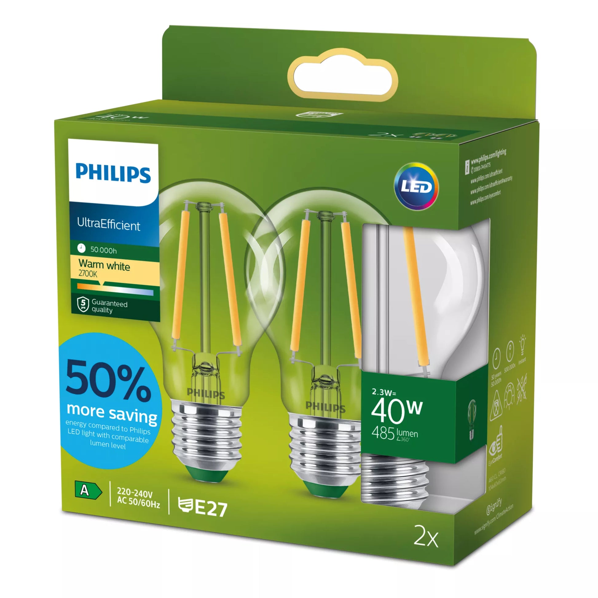 Philips by Signify Philips Leuchtmittel E27 A60 – Warmweiss 2700 K, 485 lm, 2,3 W – 2 Stk. – Transparent, Glas
