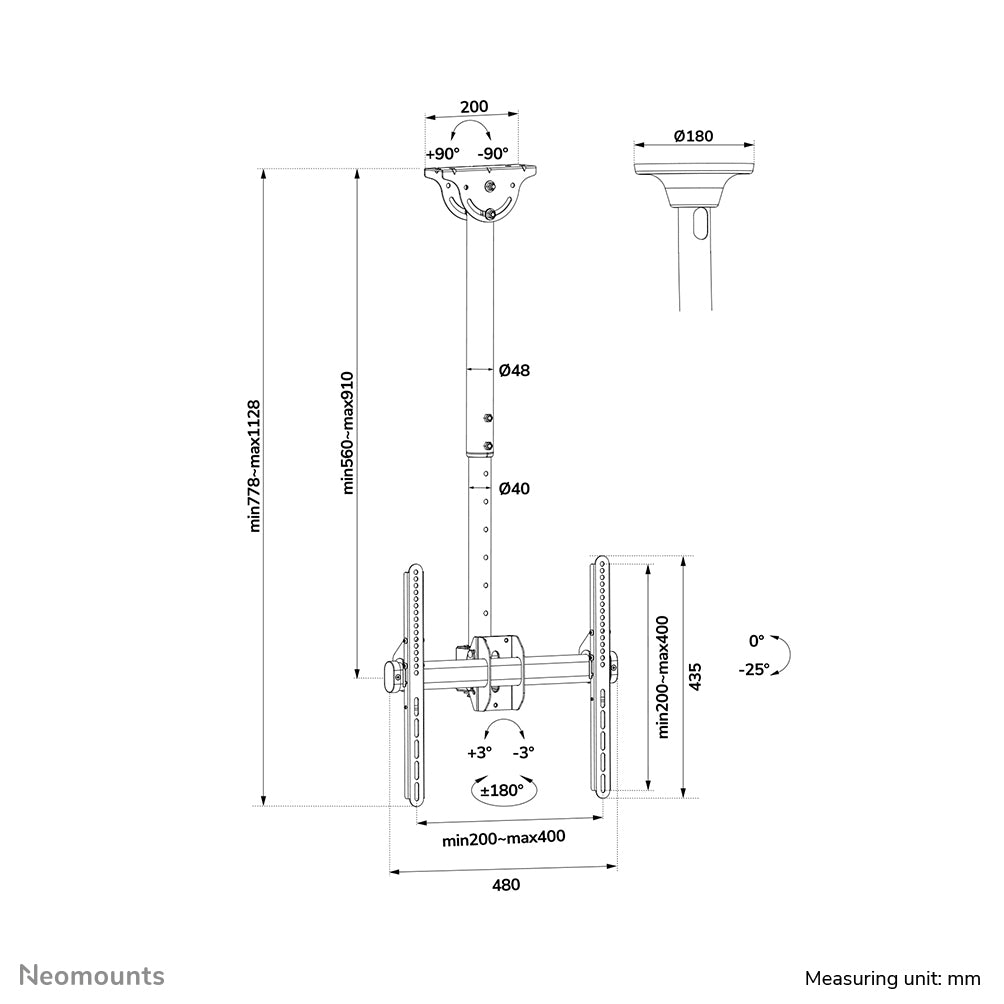 Neomounts NM-C440BLACK – Deckenhalterung, schwenkbar, für 32–60", VESA 200×200–400×400, bis 50 kg