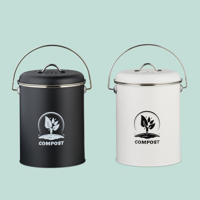 Relaxdays Komposteimer – 5,5 l – Eisen, rund – silber/schwarz – mit Filter
