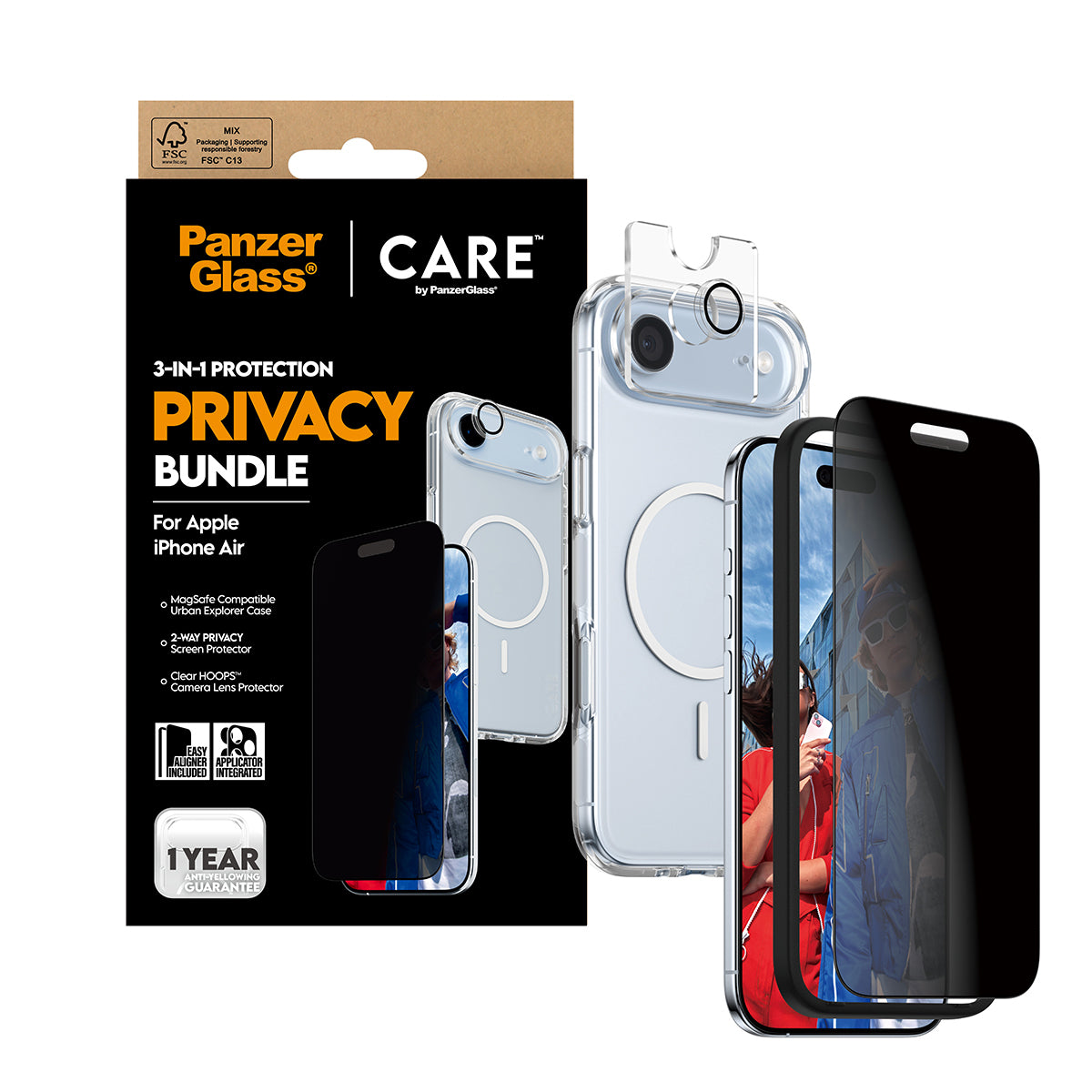 PanzerGlass Schutz-Set Privacy-Filter – für Apple iPhone Air, kratzresistent, stossfest, Hartglas, Folie