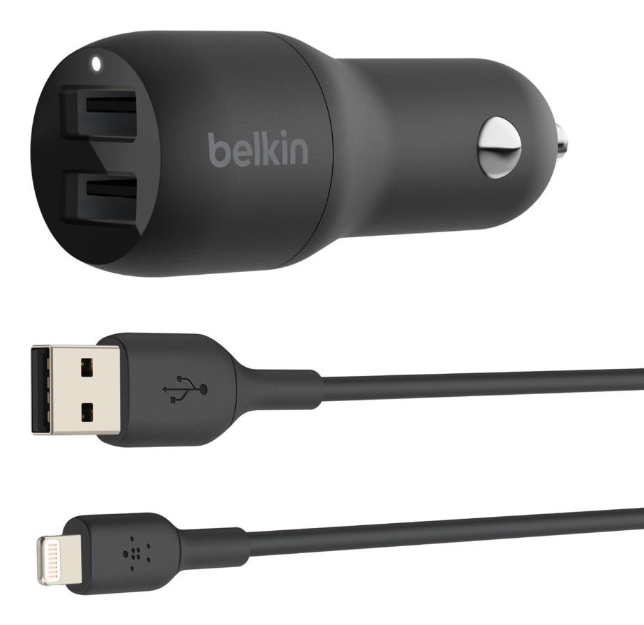 Belkin Dual USB-A Autoladegerät – 24 W, 2× USB-A, mit 1 m Lightning-Kabel