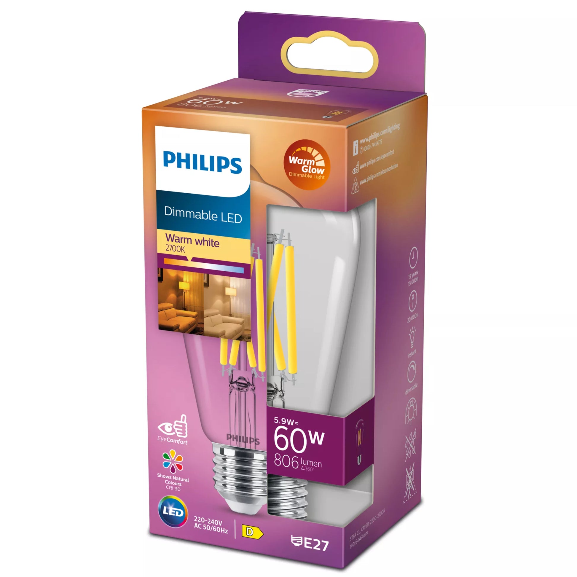 Philips by Signify Philips LED-Leuchtmittel E27 ST64 – 806 lm, 5,9 W, Warmweiss 2200–2700 K – 1 Stk. – Klar
