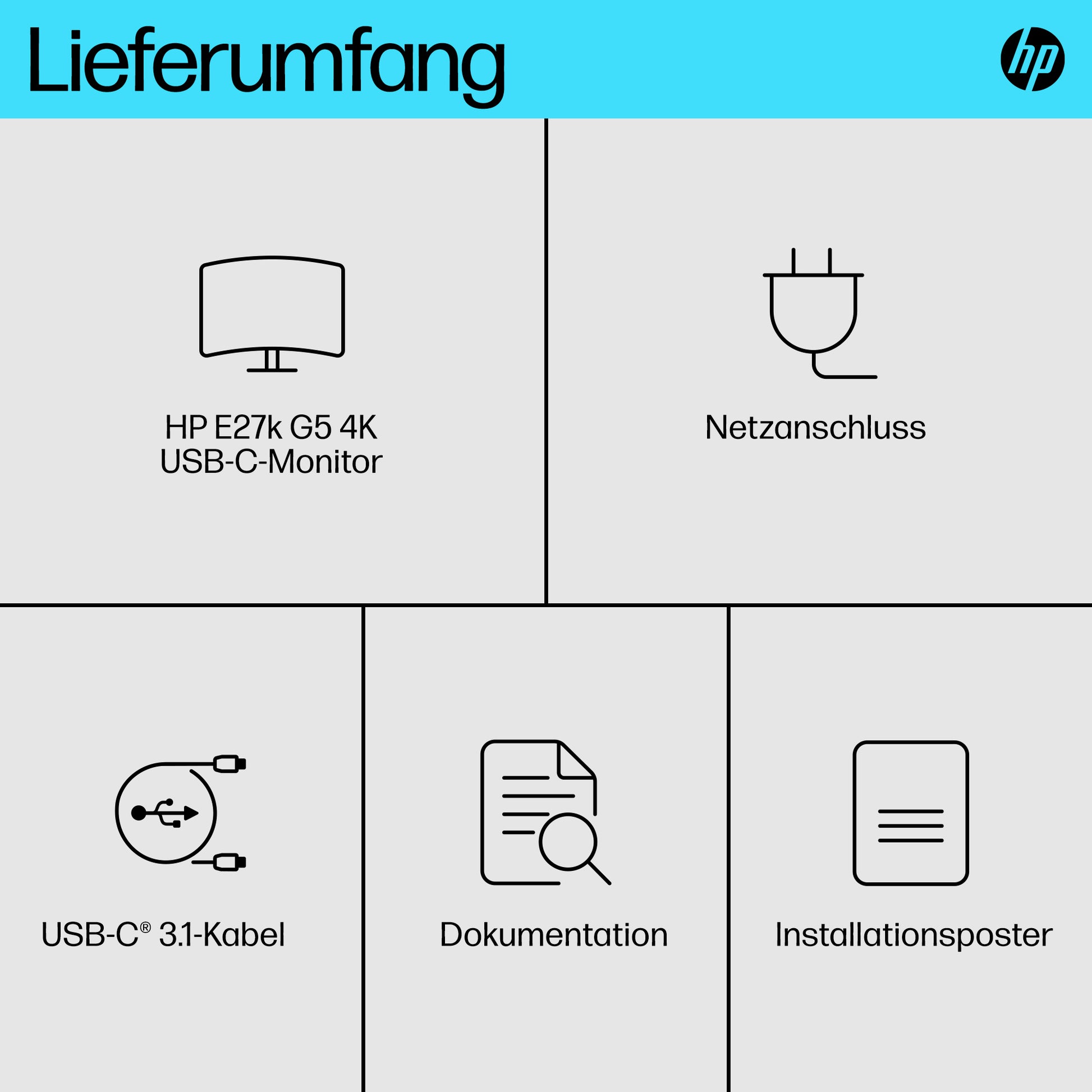 HP E27k G5 – Monitor, 27" 4K UHD (3840 × 2160), IPS, 60 Hz, 350 cd/m², USB-C, Lautsprecher, Schwarz/Silber