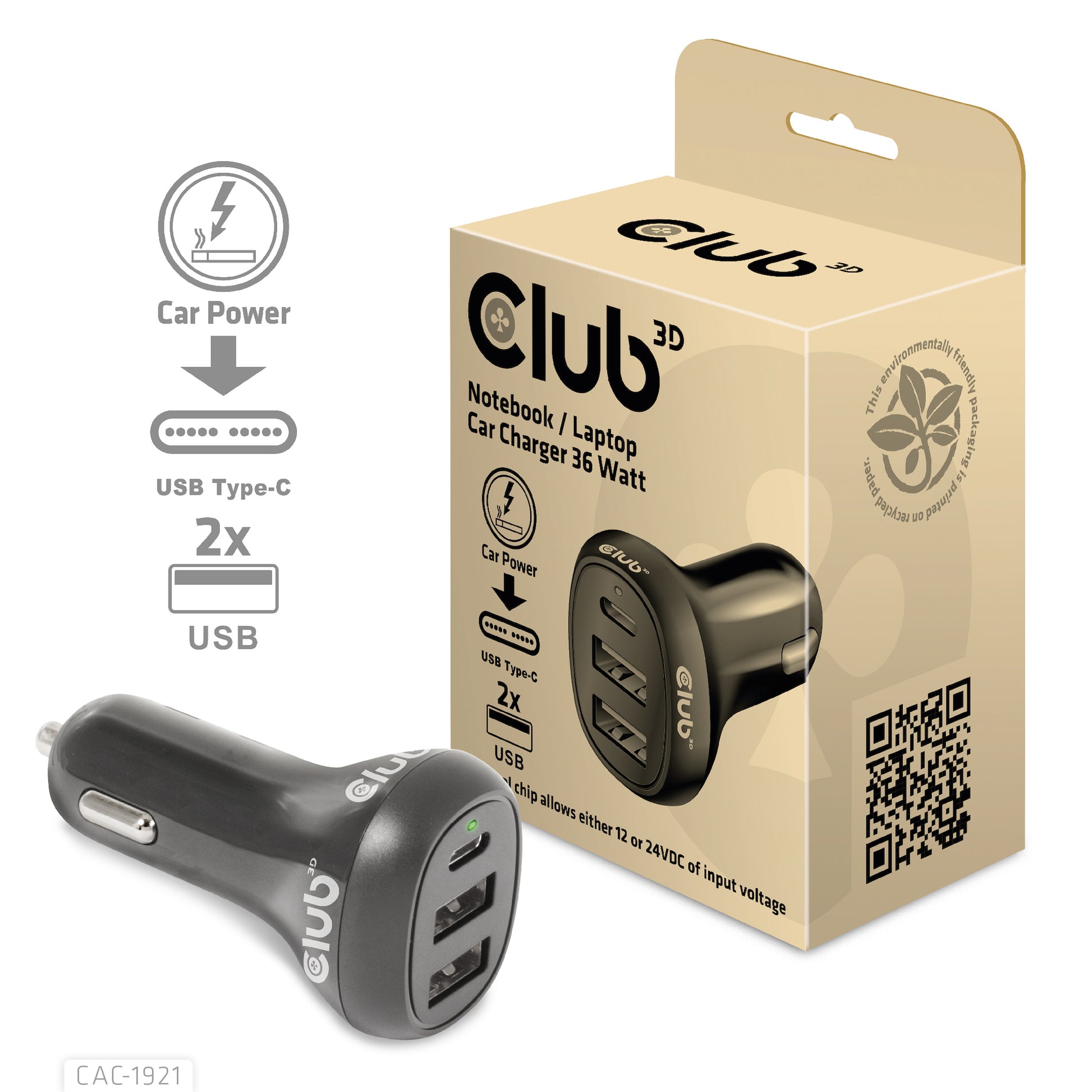 CLUB3D Club 3D CAC-1921 Auto-Ladegerät 36 W – USB-C×1, USB-A×2 – 12–24 V – Schwarz