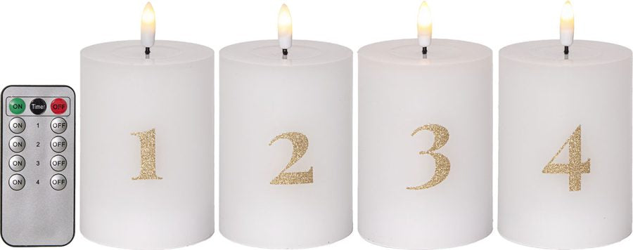 Star Trading LED-Säulenkerze – 4er Set, Ø 7,5 × 12,5 cm, Warmweiss, Timer, Flackernd, Weiss