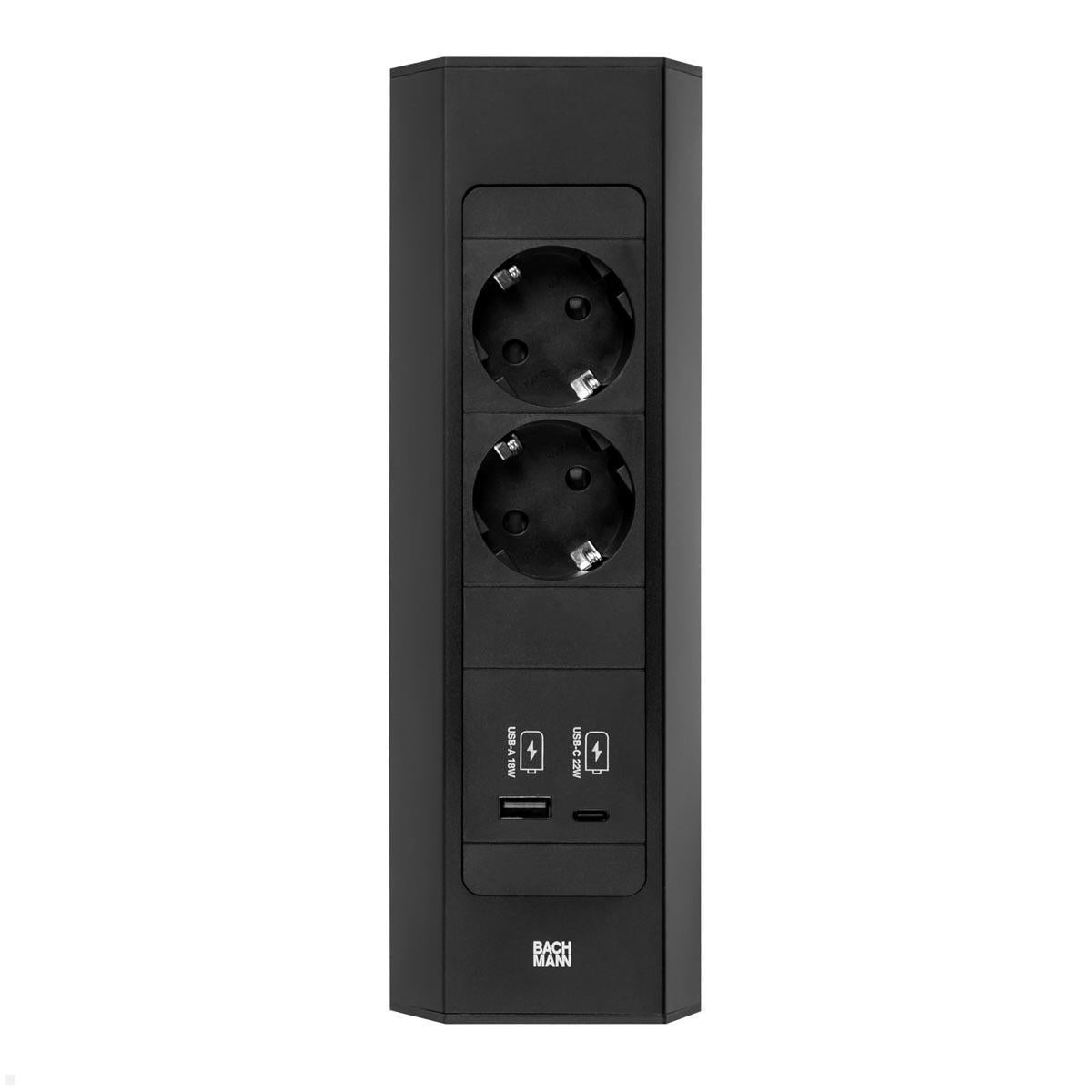 Bachmann CASIA 2 Steckdoseneinheit – 2×Schuko (Typ E/F), USB‑A/USB‑C 22 W, Tisch/Wand, 2,0 m