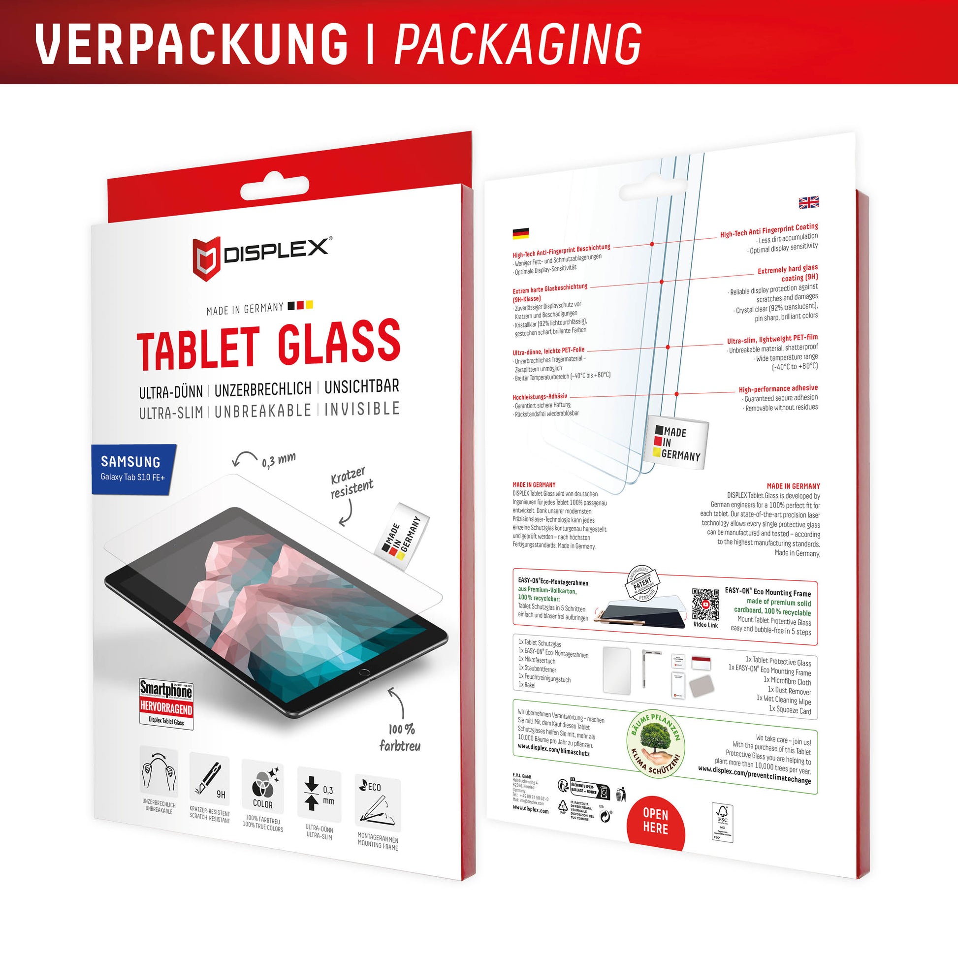 Displex Displayschutzglas – für Samsung Galaxy Tab S10 FE+, klar, 9H, Anti-Fingerprint