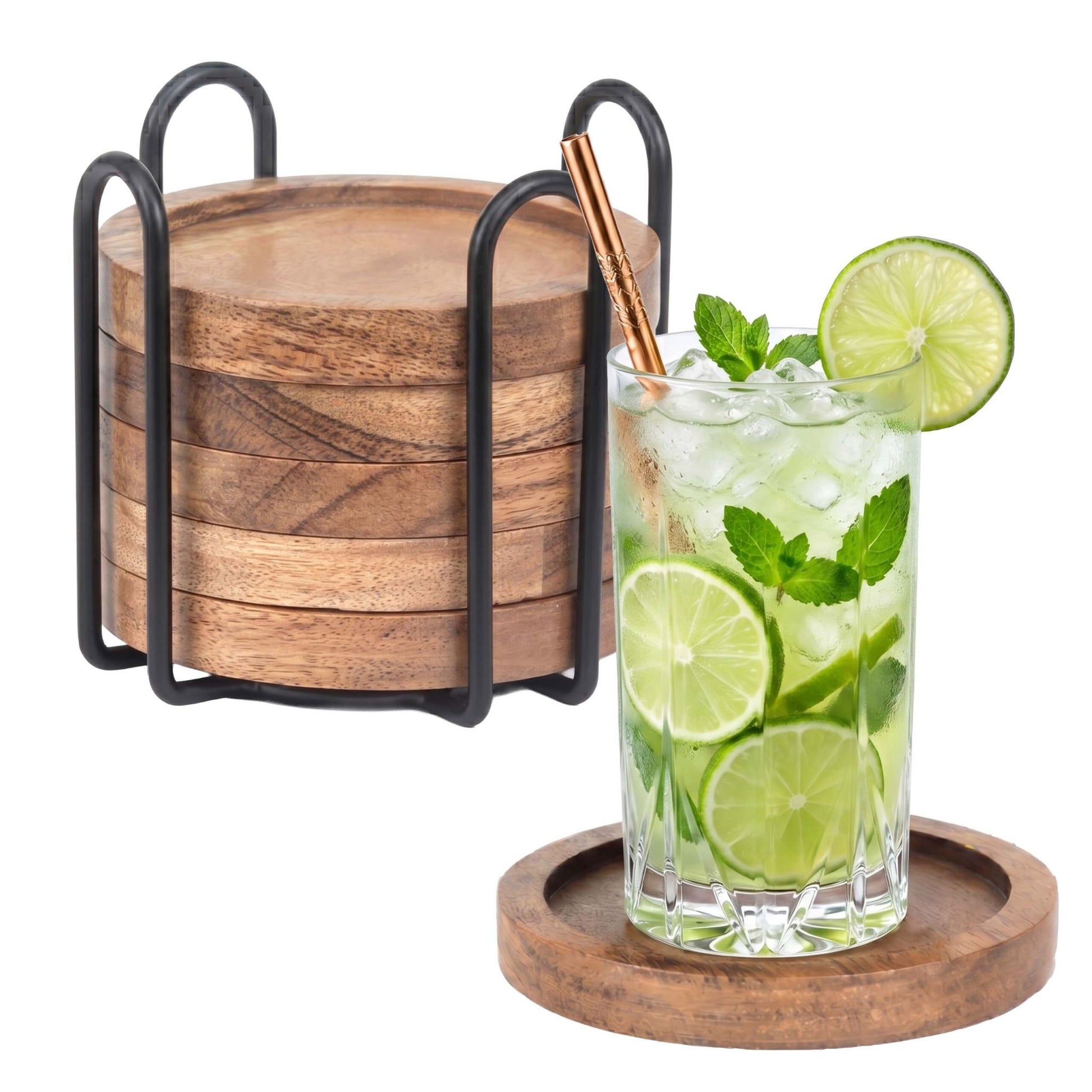 Relaxdays Glasuntersetzer – 7er Set, Ø 10 cm, Holz (Akazie)/Eisen, Braun, inkl. Ständer, rutschfest