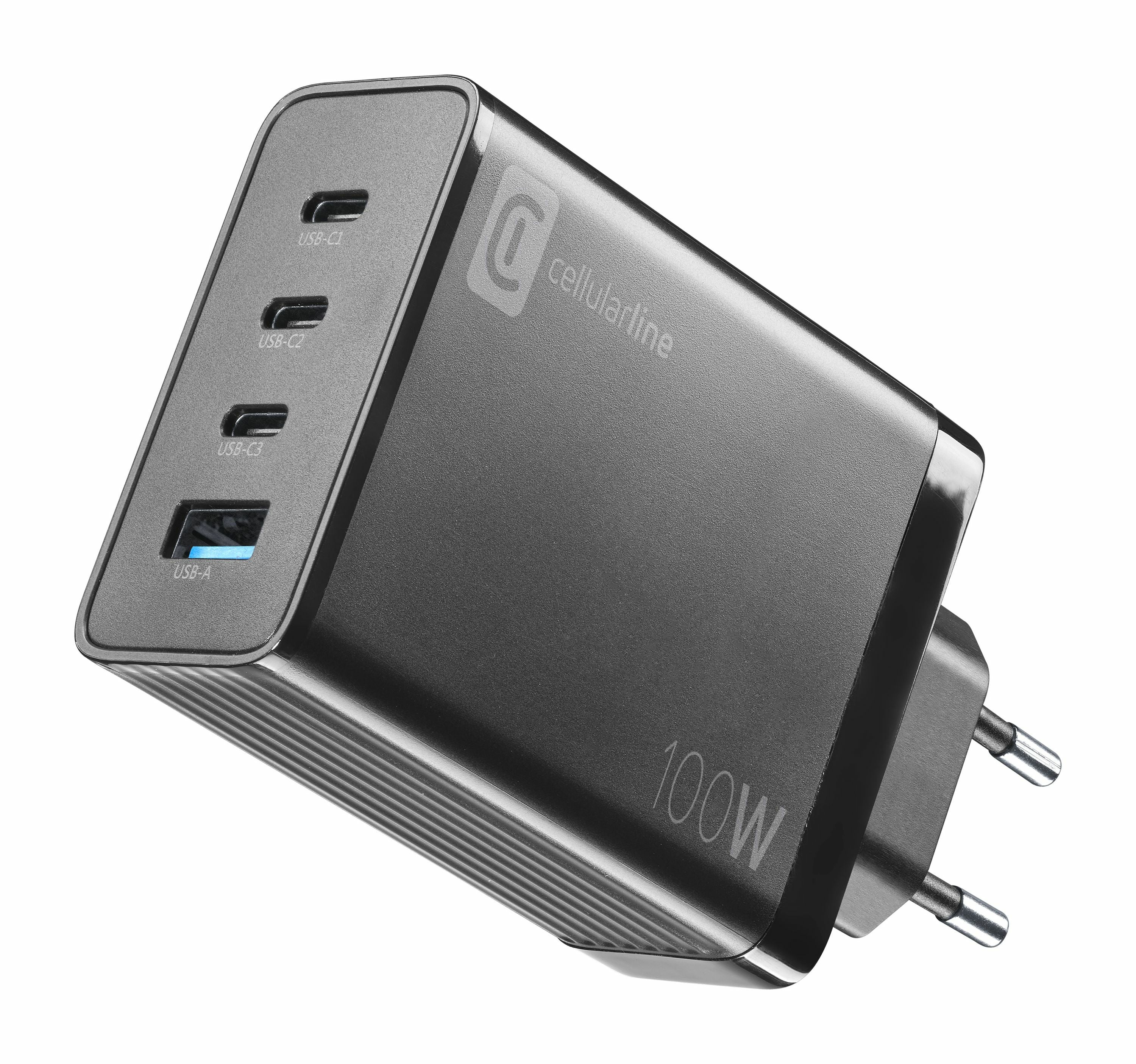 Cellularline NANO GAN USB-Ladegerät 100 W – USB-C×1, USB-A×1 – PD, GaN – Schwarz