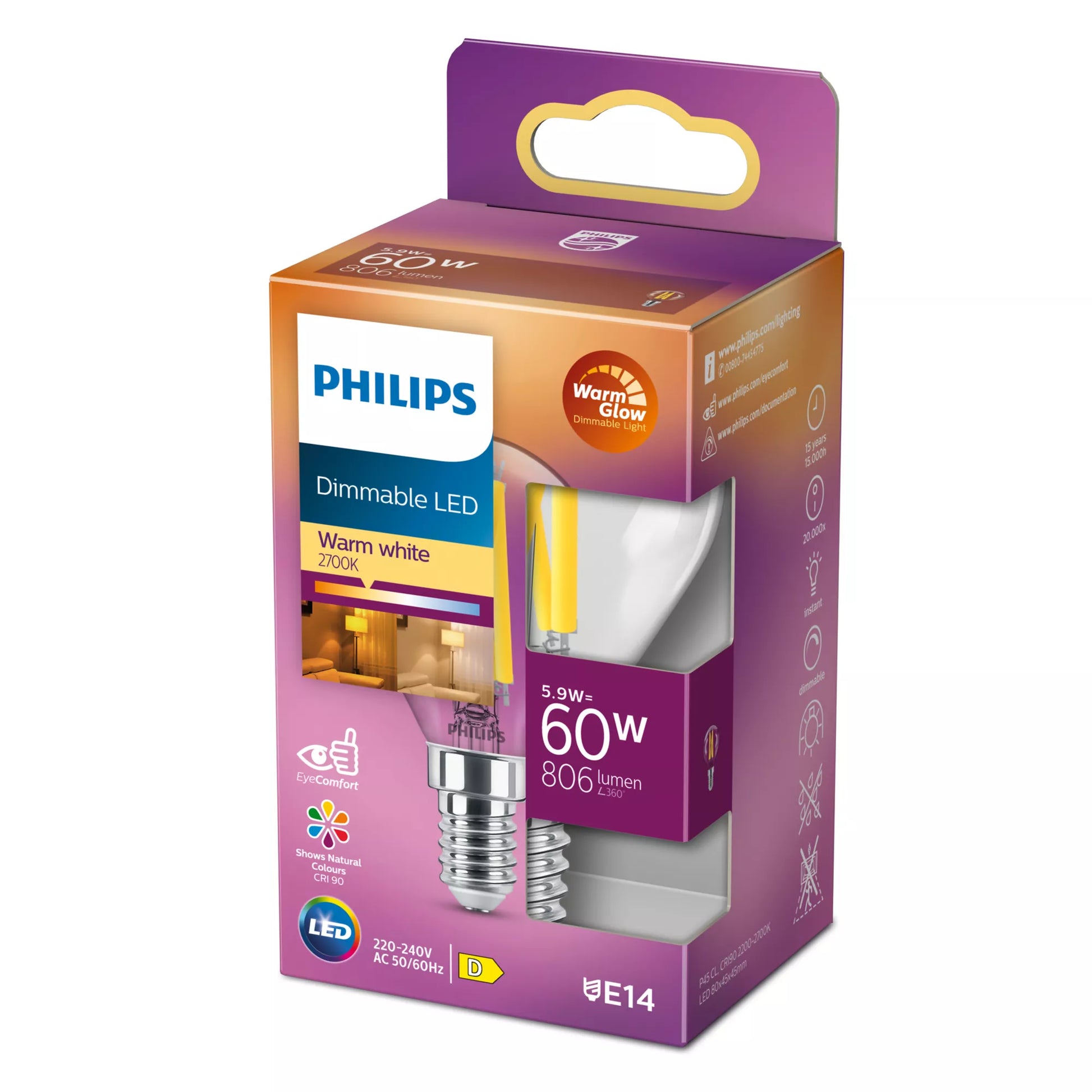 Philips by Signify Philips LED-Leuchtmittel E14 P45 – 806 lm, 5,9 W, Warmweiss 2200–2700 K, dimmbar – 1 Stk. – Transparent