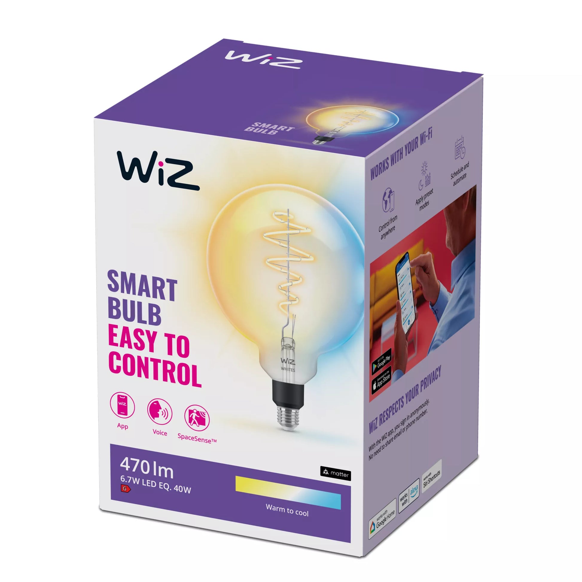 WiZ Smart-Leuchtmittel E27 G200 – 470 lm, 2700–6500 K, WLAN/App, dimmbar